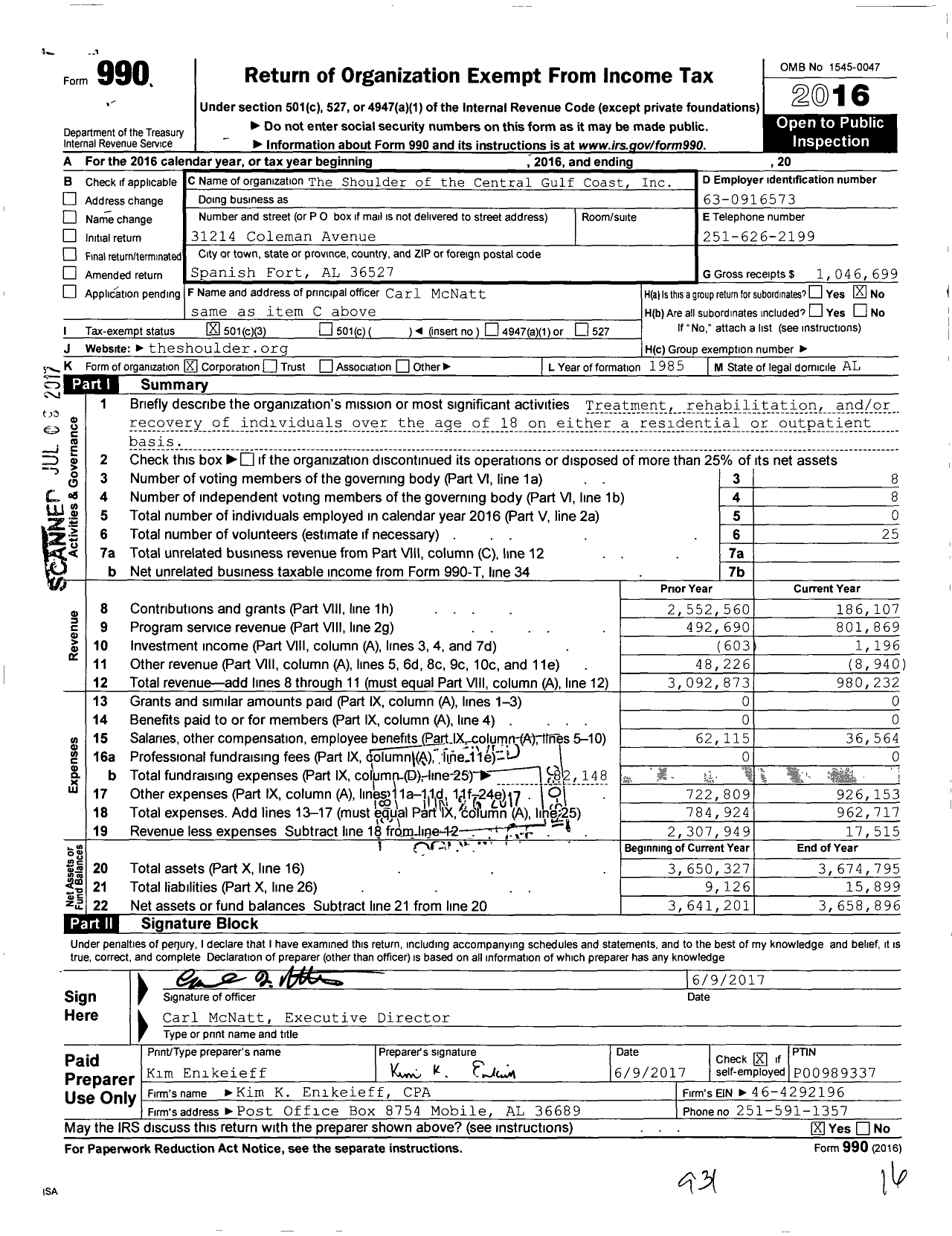 Image of first page of 2016 Form 990 for Shoulder Central Gulf Coast