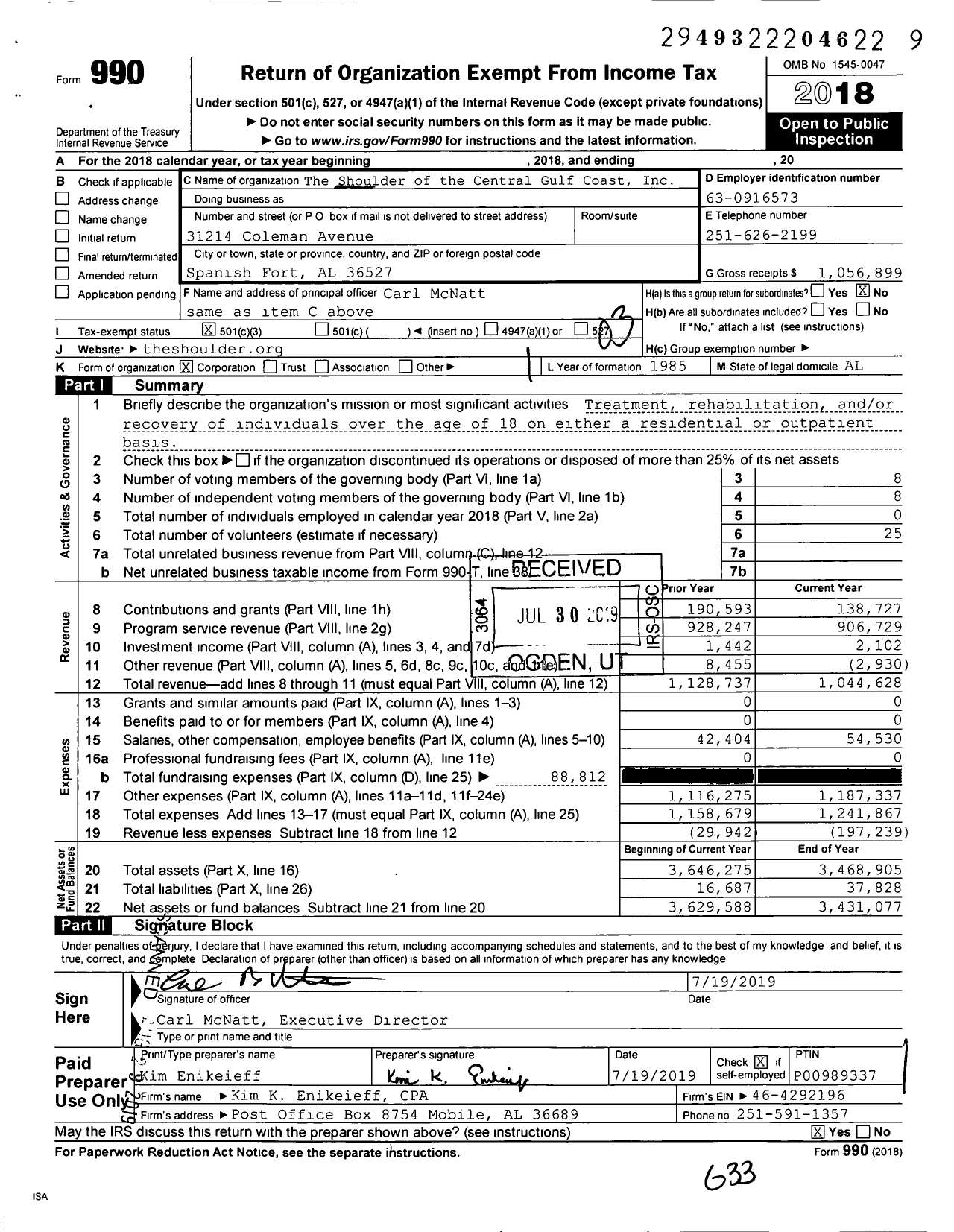 Image of first page of 2018 Form 990 for Shoulder Central Gulf Coast