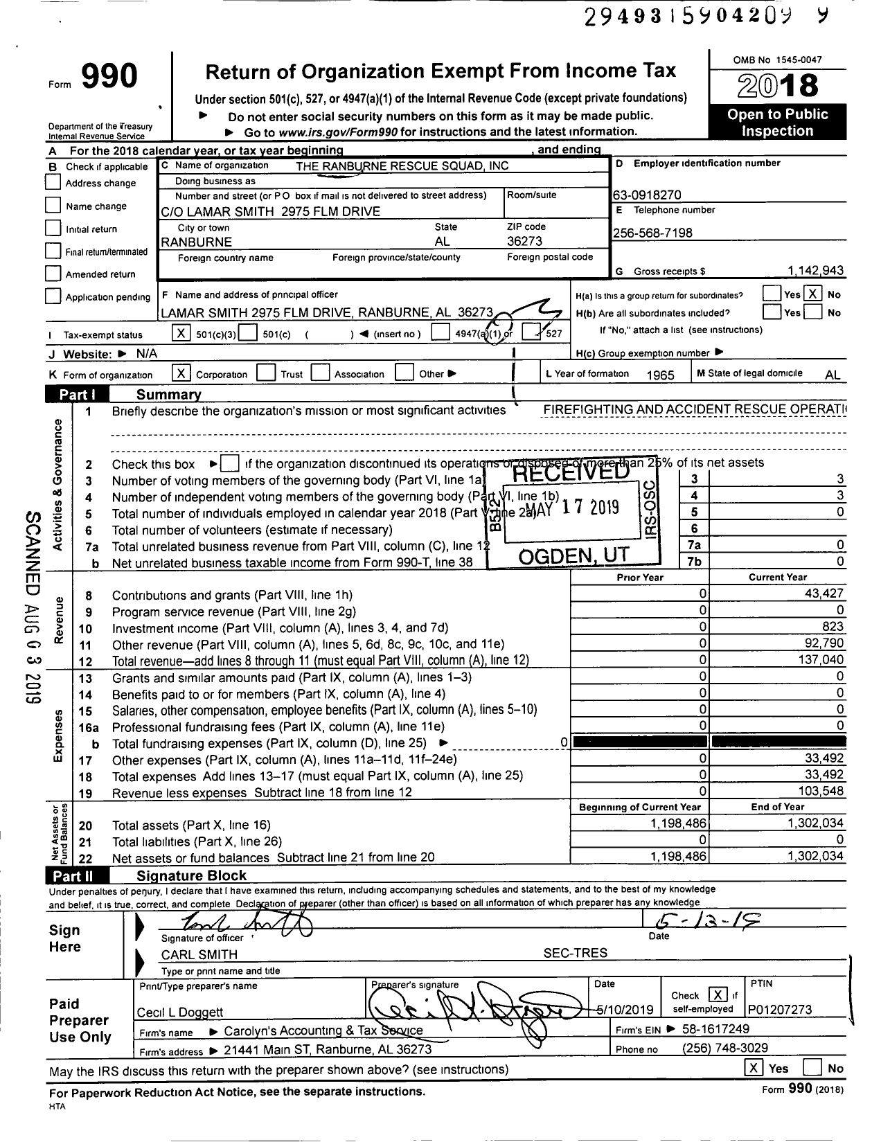 Image of first page of 2018 Form 990 for The Ranburne Rescue Squad
