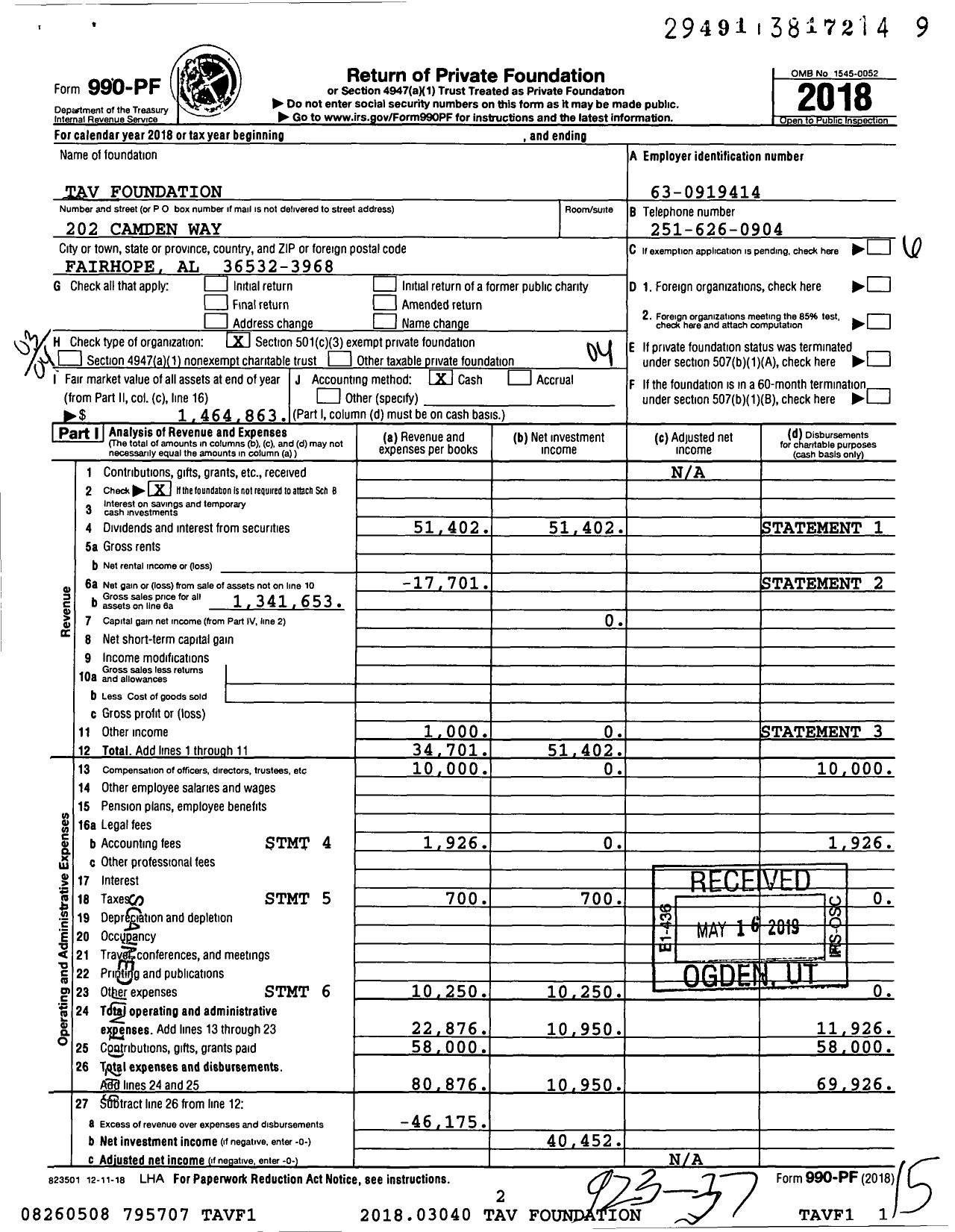Image of first page of 2018 Form 990PF for Tav Foundation