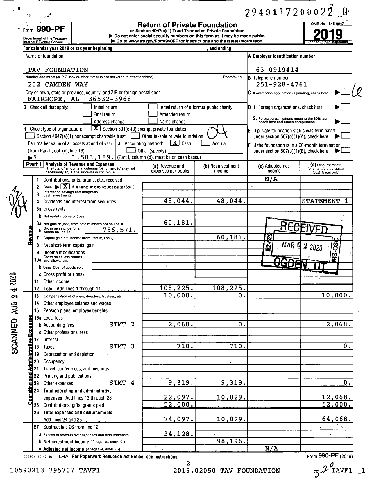 Image of first page of 2019 Form 990PR for Tav Foundation