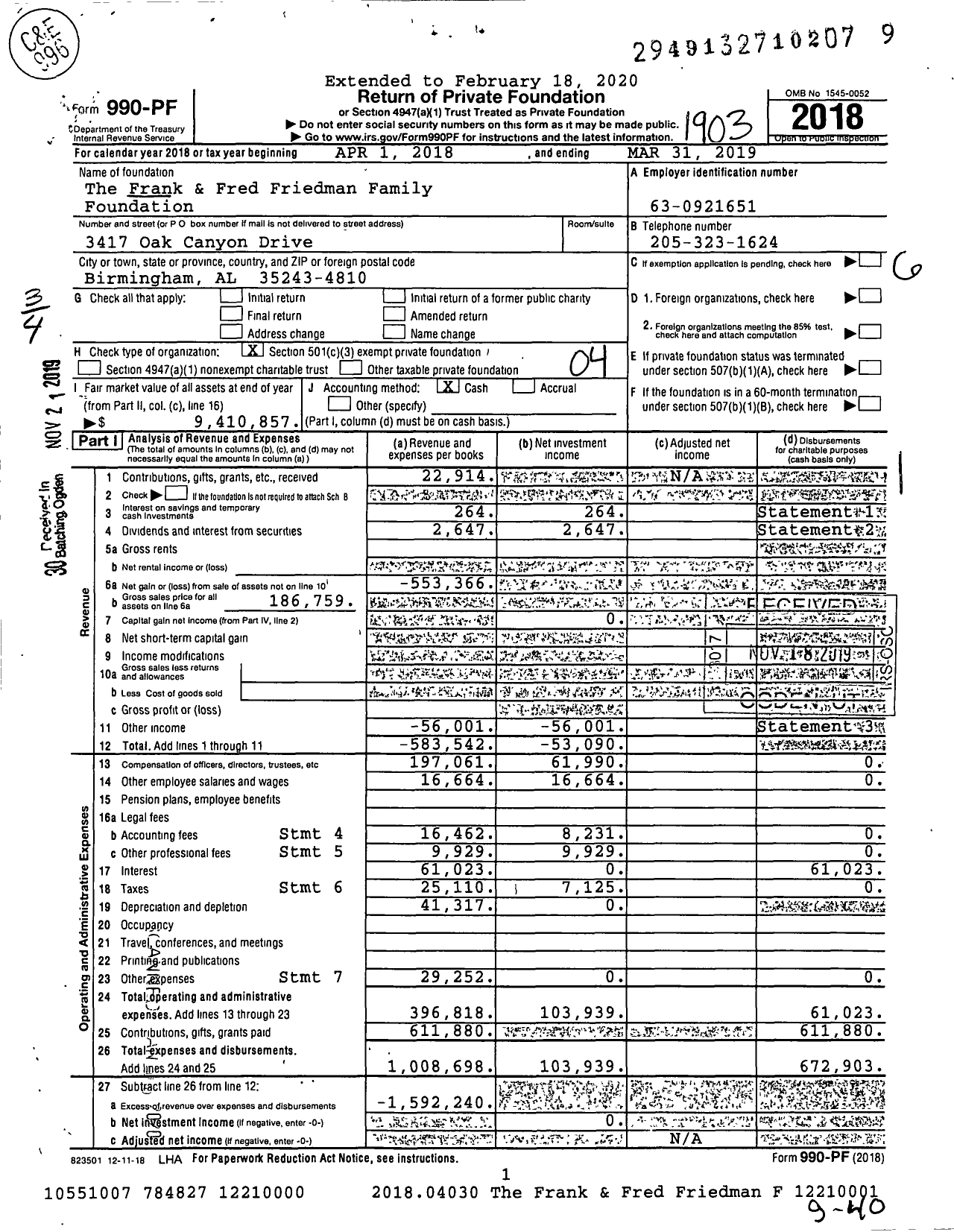 Image of first page of 2018 Form 990PF for The Frank & Fred Friedman Family Foundation