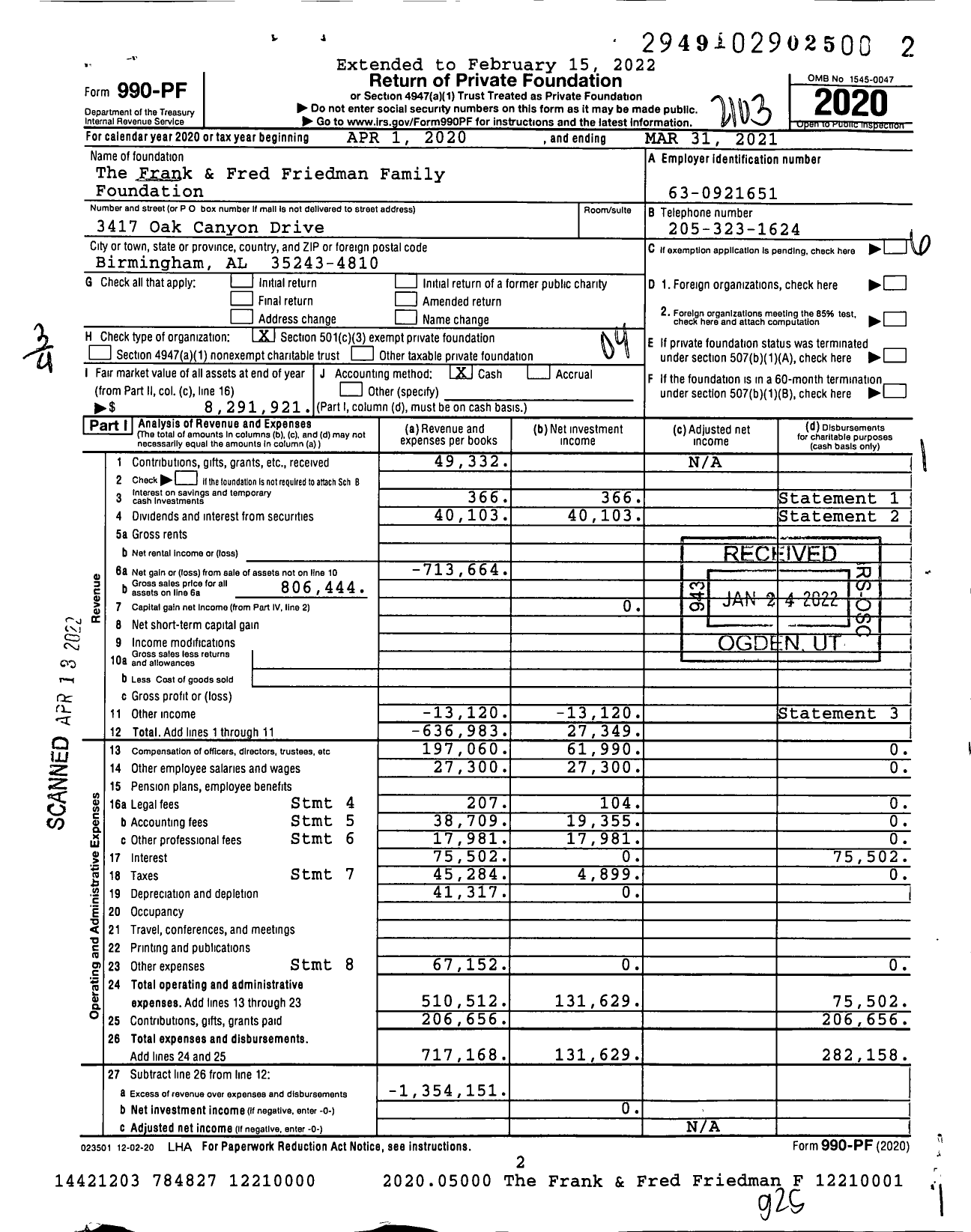 Image of first page of 2020 Form 990PF for The Frank & Fred Friedman Family Foundation