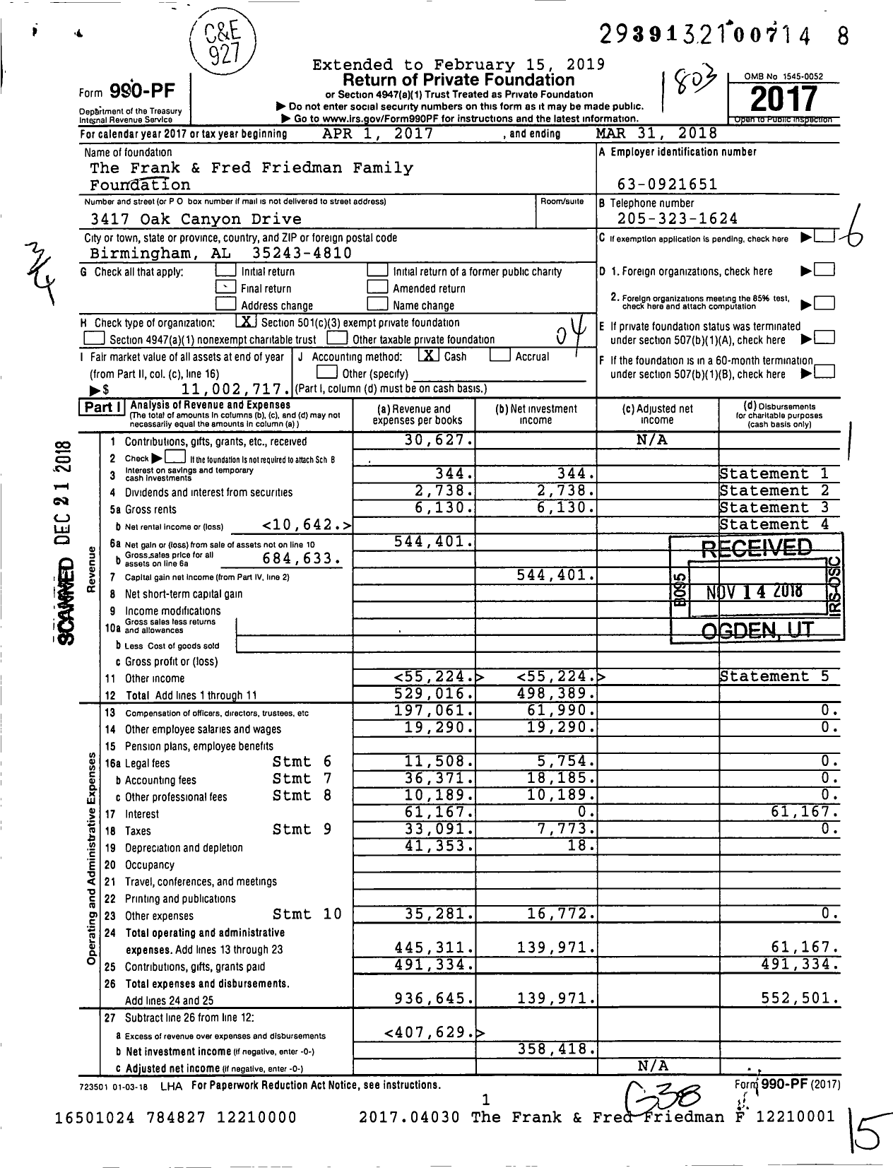 Image of first page of 2017 Form 990PF for The Frank & Fred Friedman Family Foundation