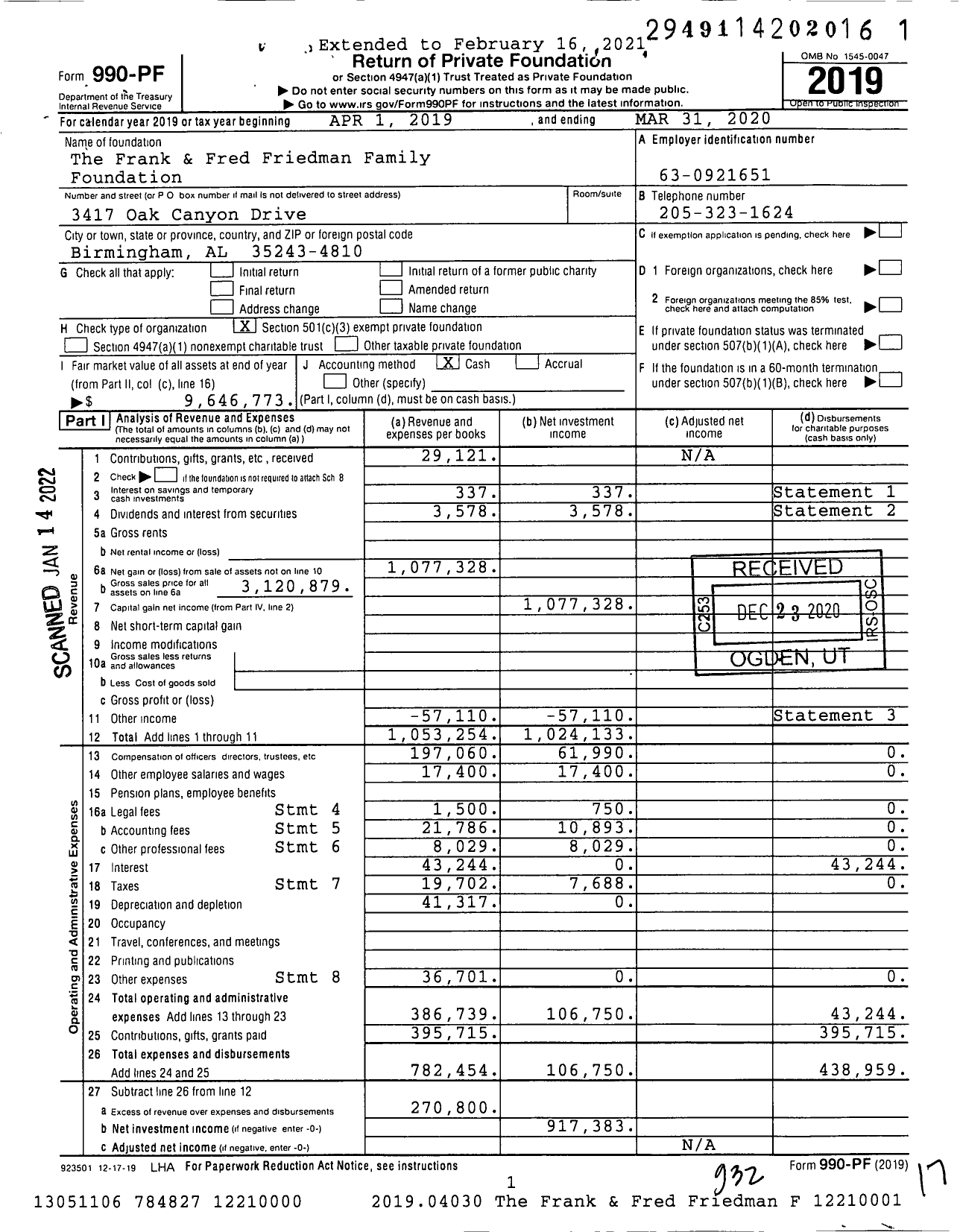 Image of first page of 2019 Form 990PF for The Frank & Fred Friedman Family Foundation