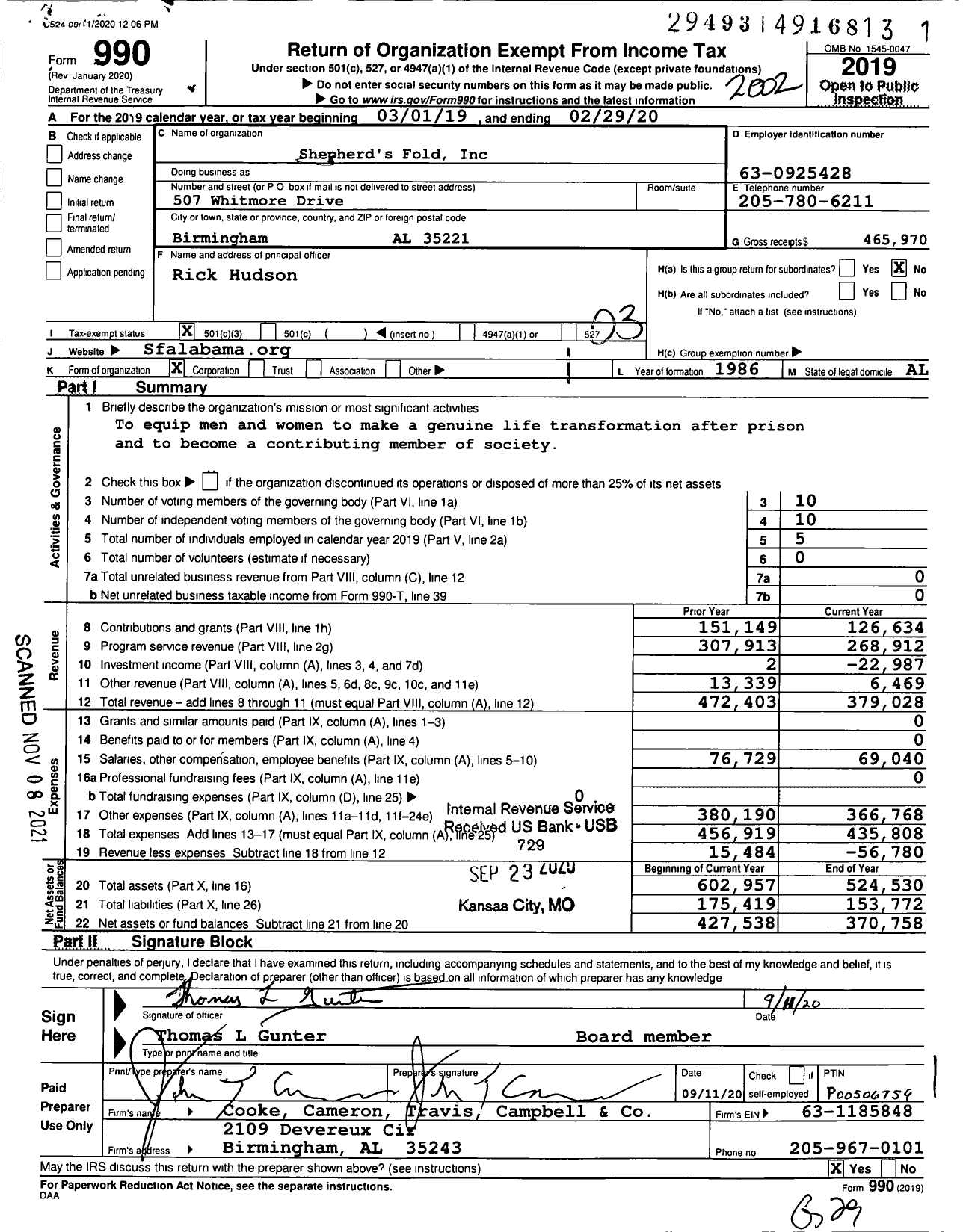 Image of first page of 2019 Form 990 for Shepherds Fold