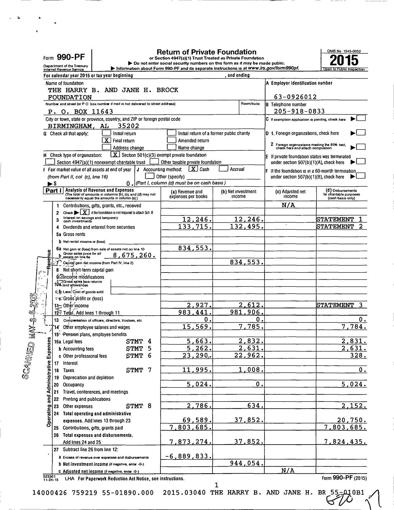 Image of first page of 2015 Form 990PF for The Harry B and Jane H Brock Foundation
