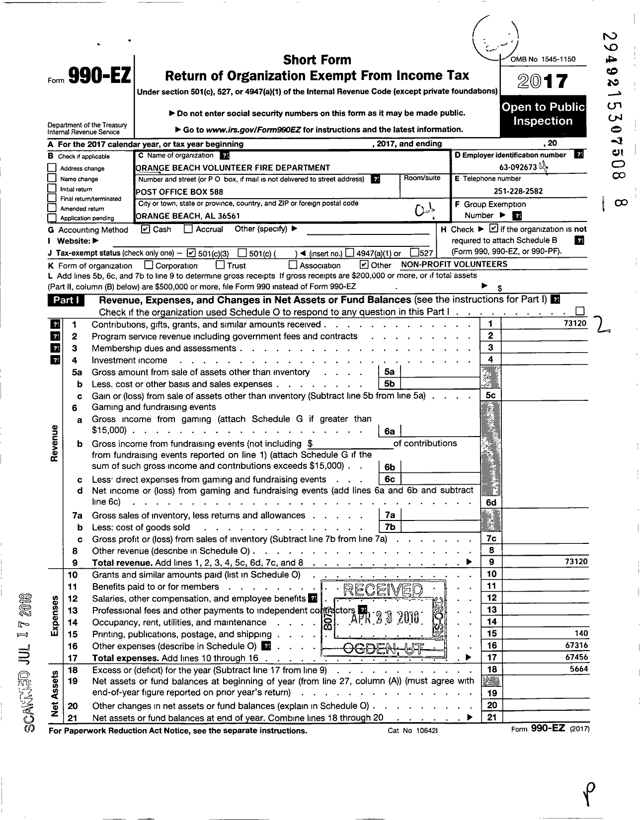 Image of first page of 2017 Form 990EO for Orange Beach Volunteers Fire Department