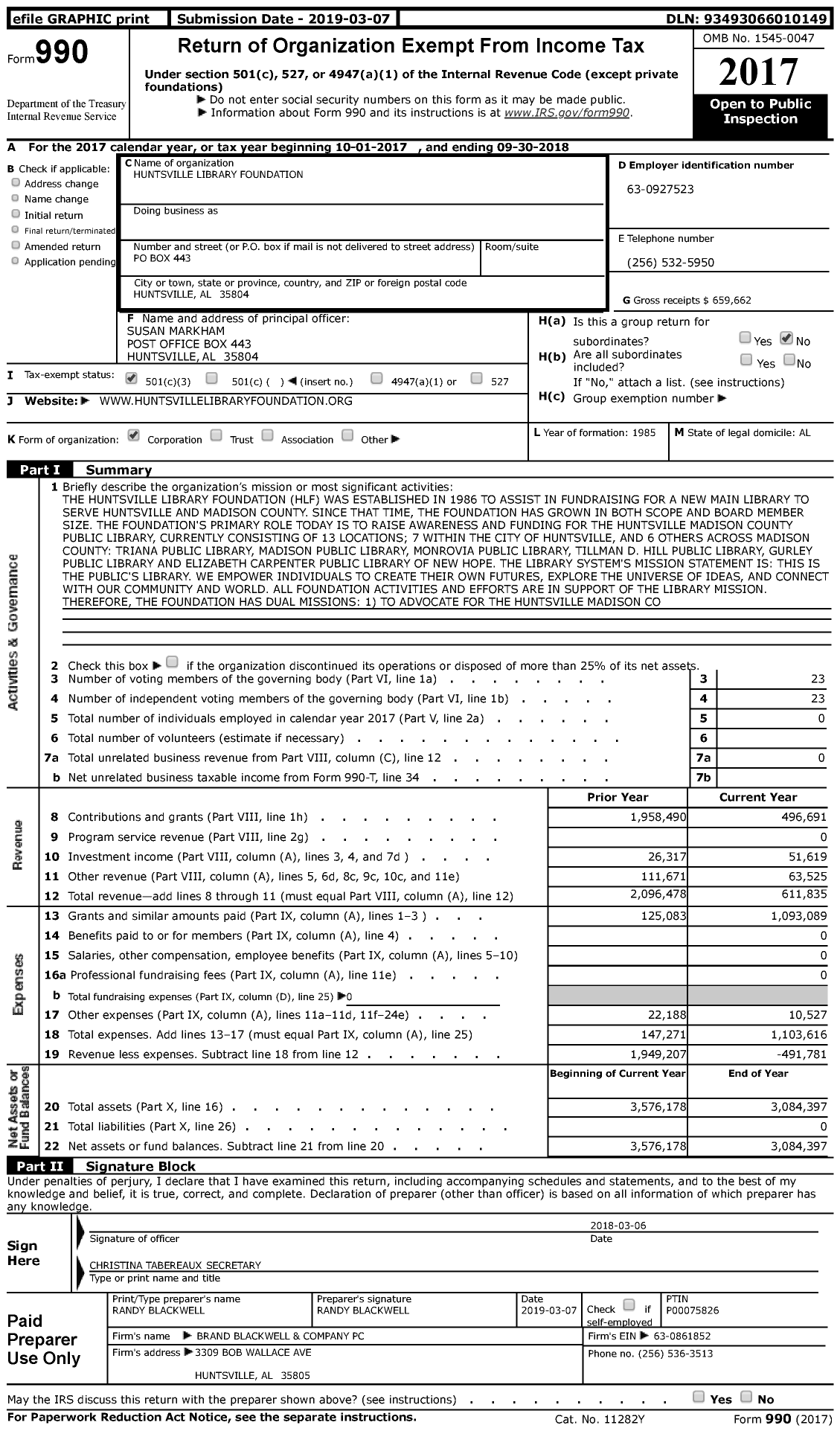 Image of first page of 2017 Form 990 for Huntsville-Madison County Library Foundation