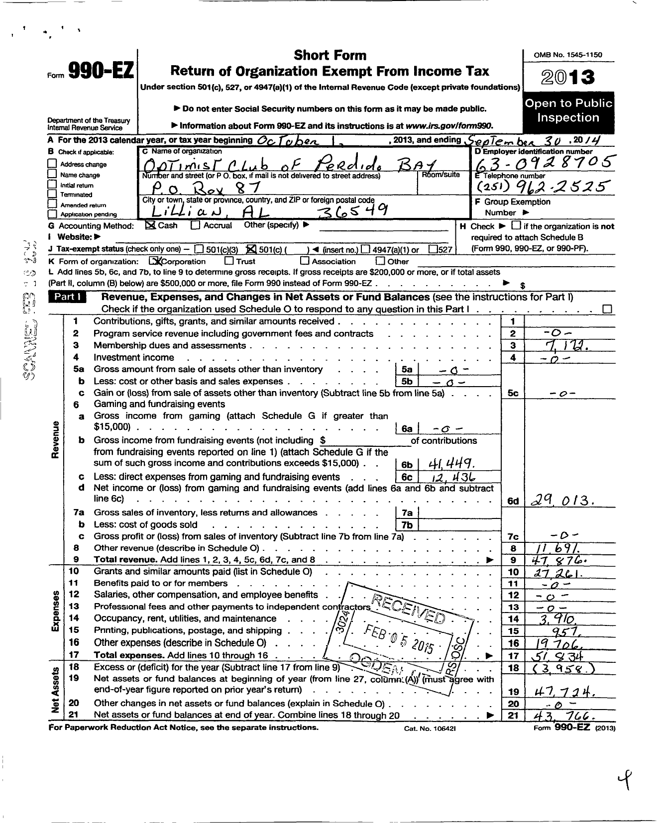 Image of first page of 2013 Form 990EO for Optimist International - 29108 Opti Club of Perdido Bay Al