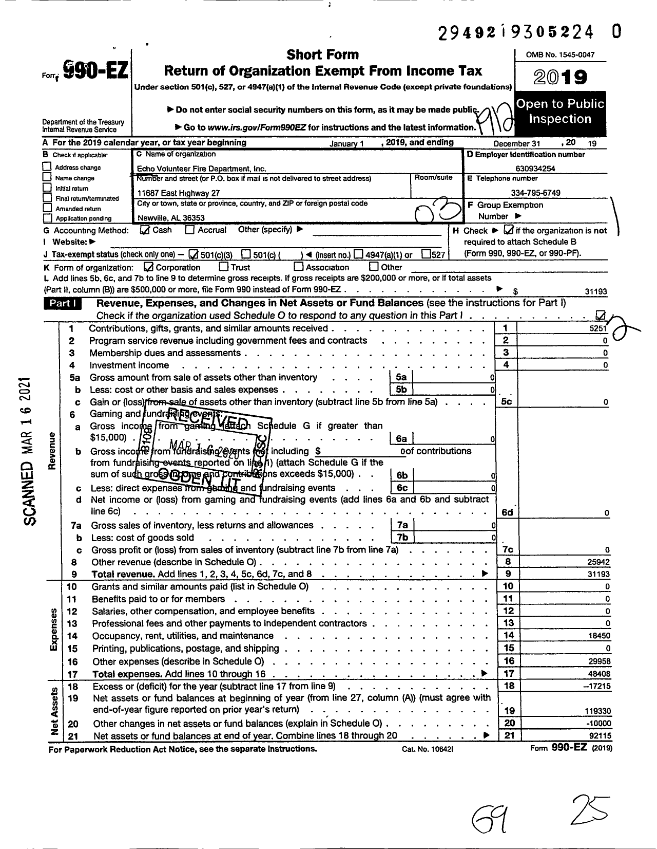 Image of first page of 2019 Form 990EZ for Echo Volunteer Fire Department