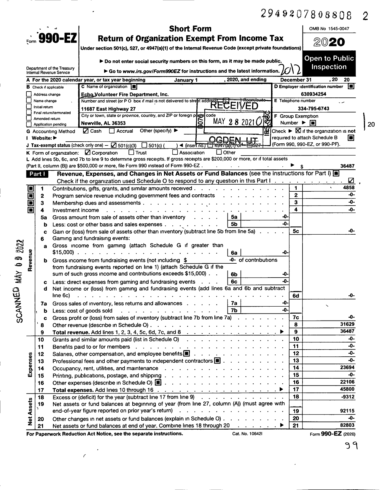 Image of first page of 2020 Form 990EZ for Echo Volunteer Fire Department