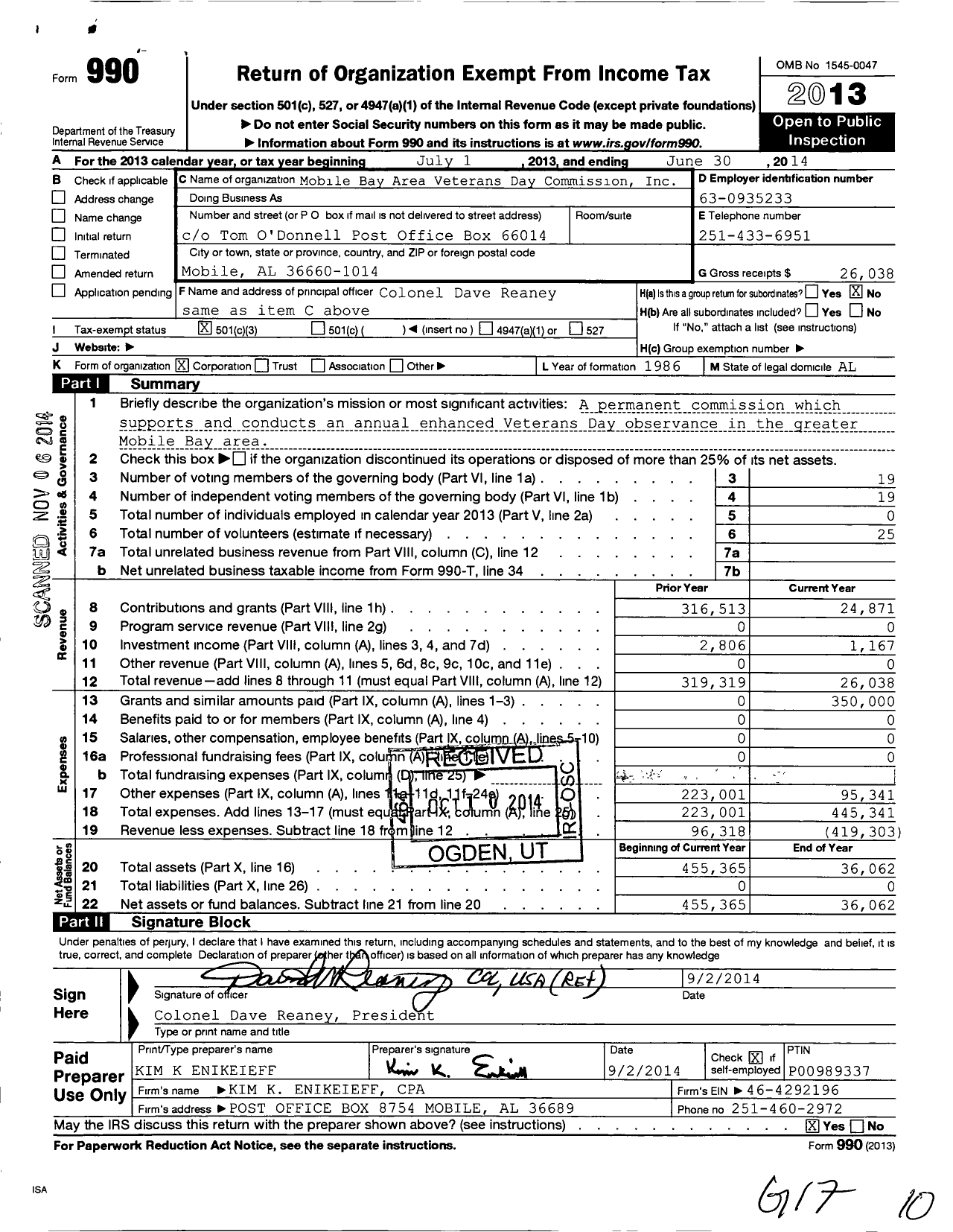 Image of first page of 2013 Form 990 for Mobile Bay Area Veterans Day Commission