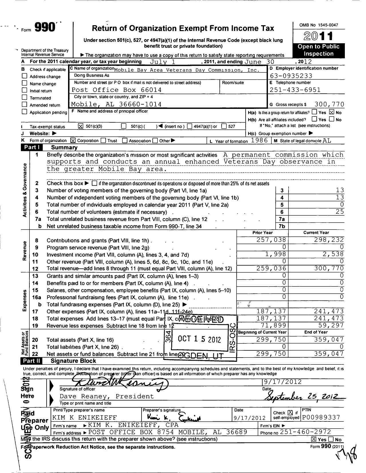 Image of first page of 2011 Form 990 for Mobile Bay Area Veterans Day Commission