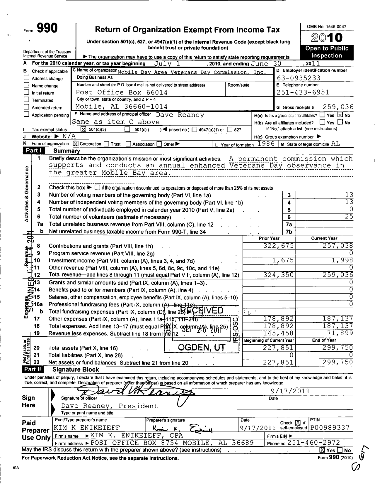 Image of first page of 2010 Form 990 for Mobile Bay Area Veterans Day Commission