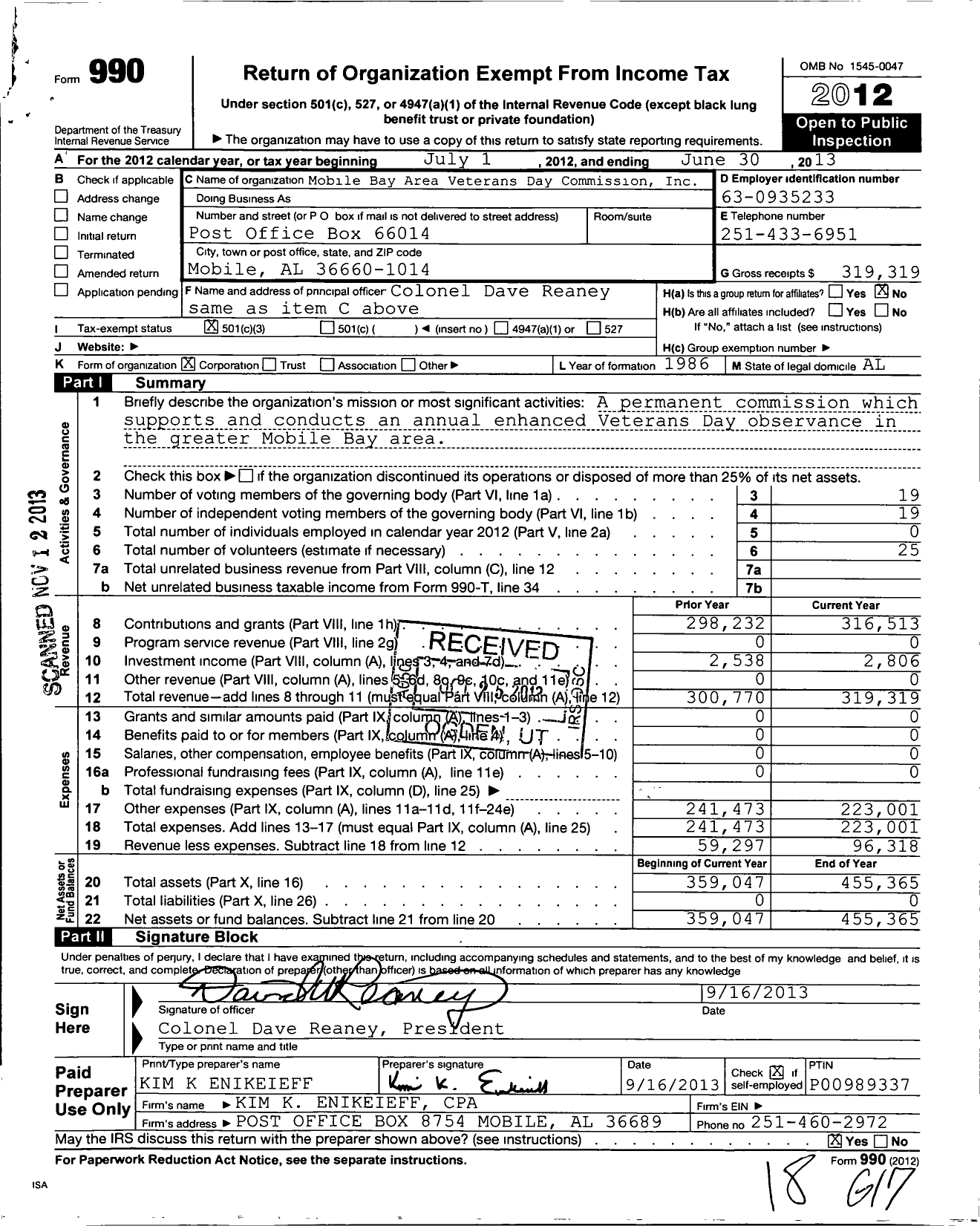 Image of first page of 2012 Form 990 for Mobile Bay Area Veterans Day Commission