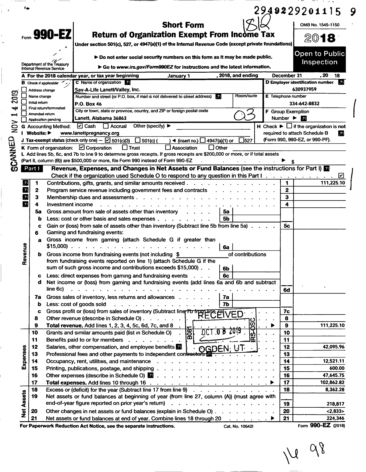 Image of first page of 2018 Form 990EZ for Sav-A-Life Lanettvalley