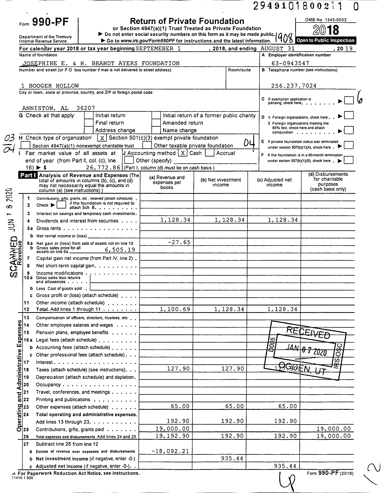 Image of first page of 2018 Form 990PR for Josephine E and Brandt Ayers Foundation