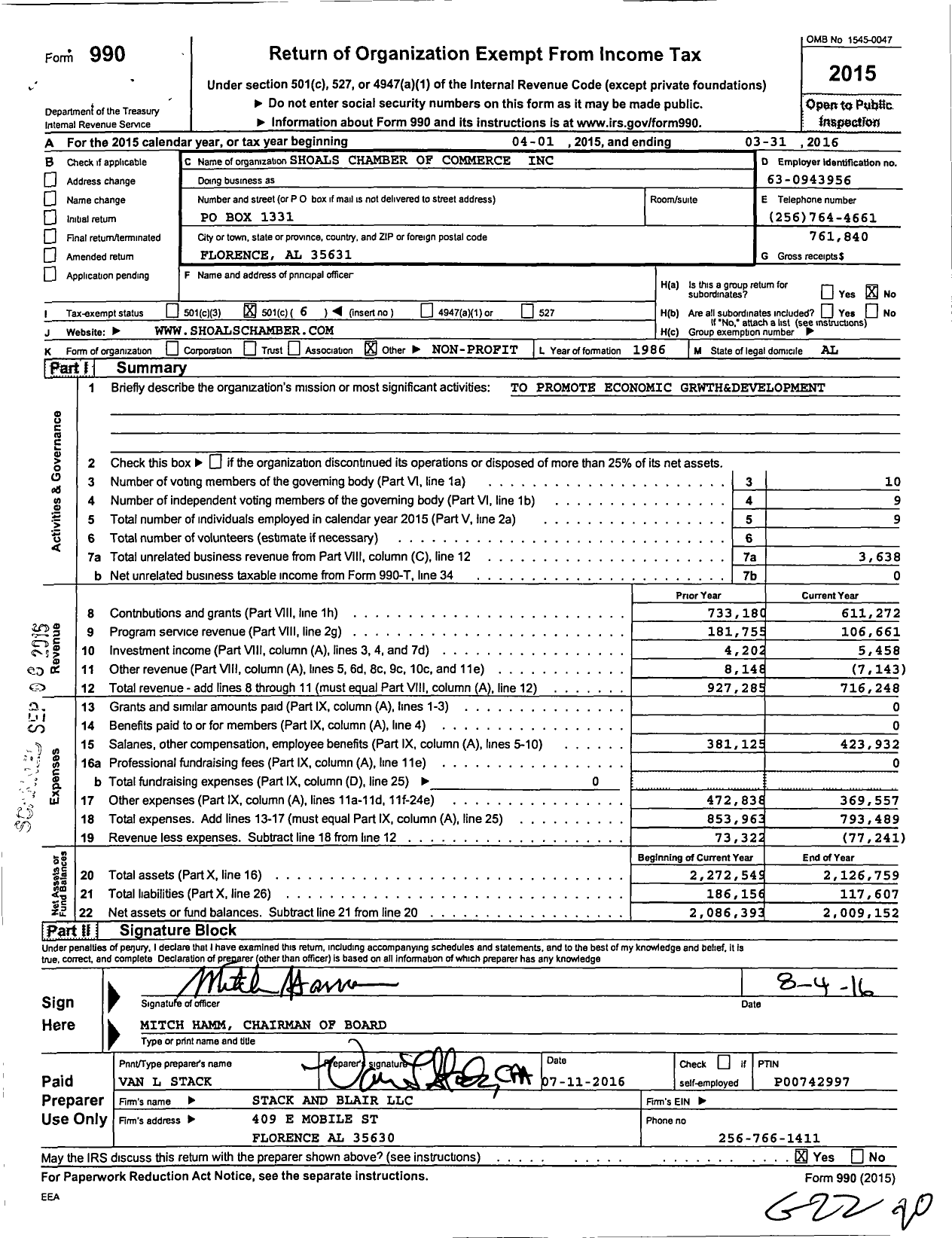 Image of first page of 2015 Form 990O for Shoals Chamber of Commerce