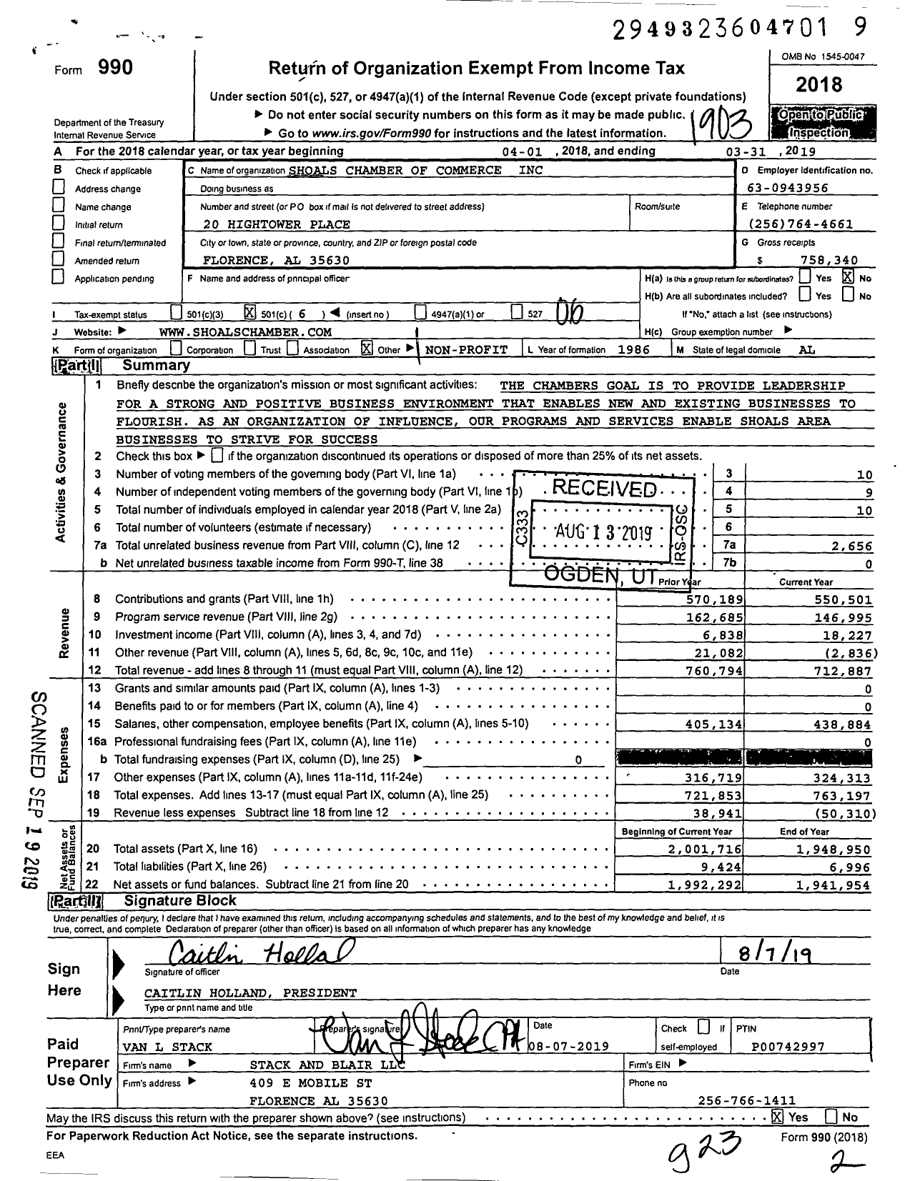 Image of first page of 2018 Form 990O for Shoals Chamber of Commerce