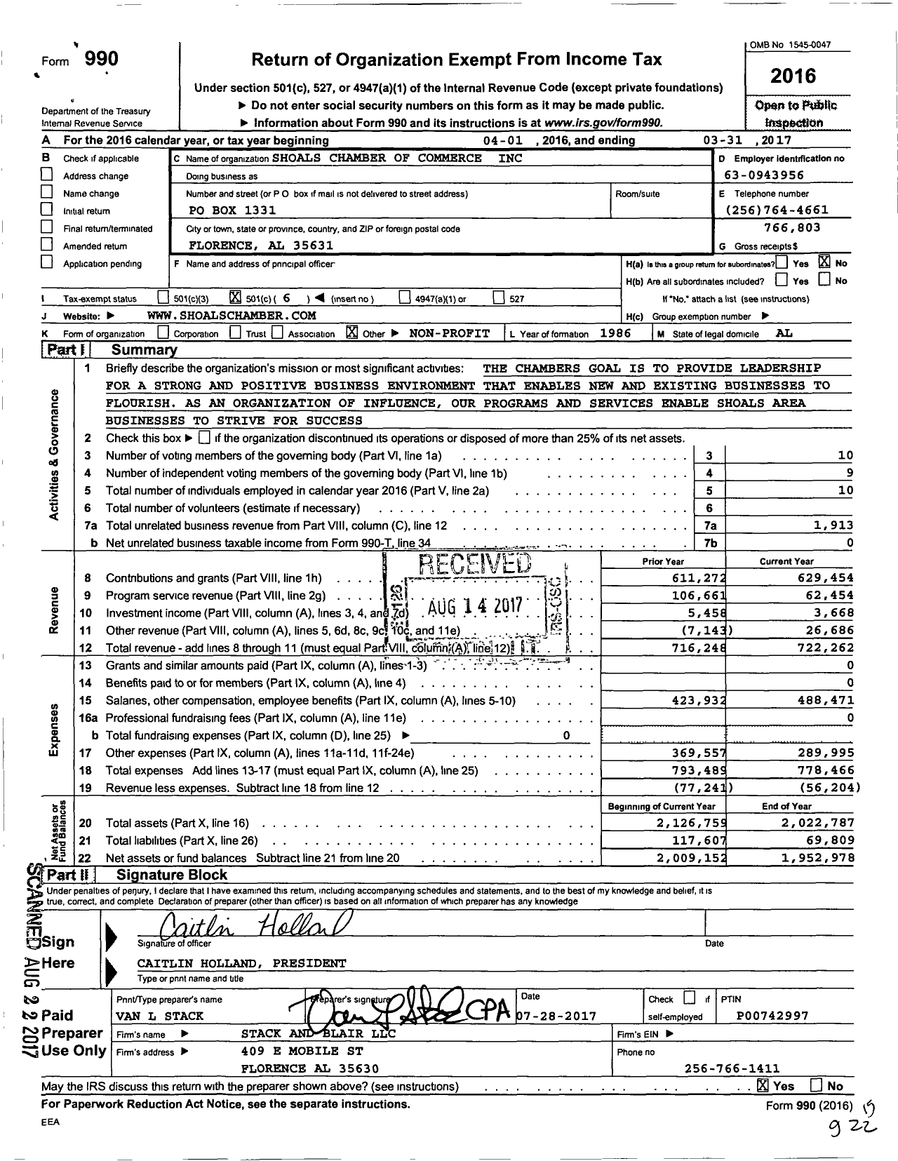 Image of first page of 2016 Form 990O for Shoals Chamber of Commerce