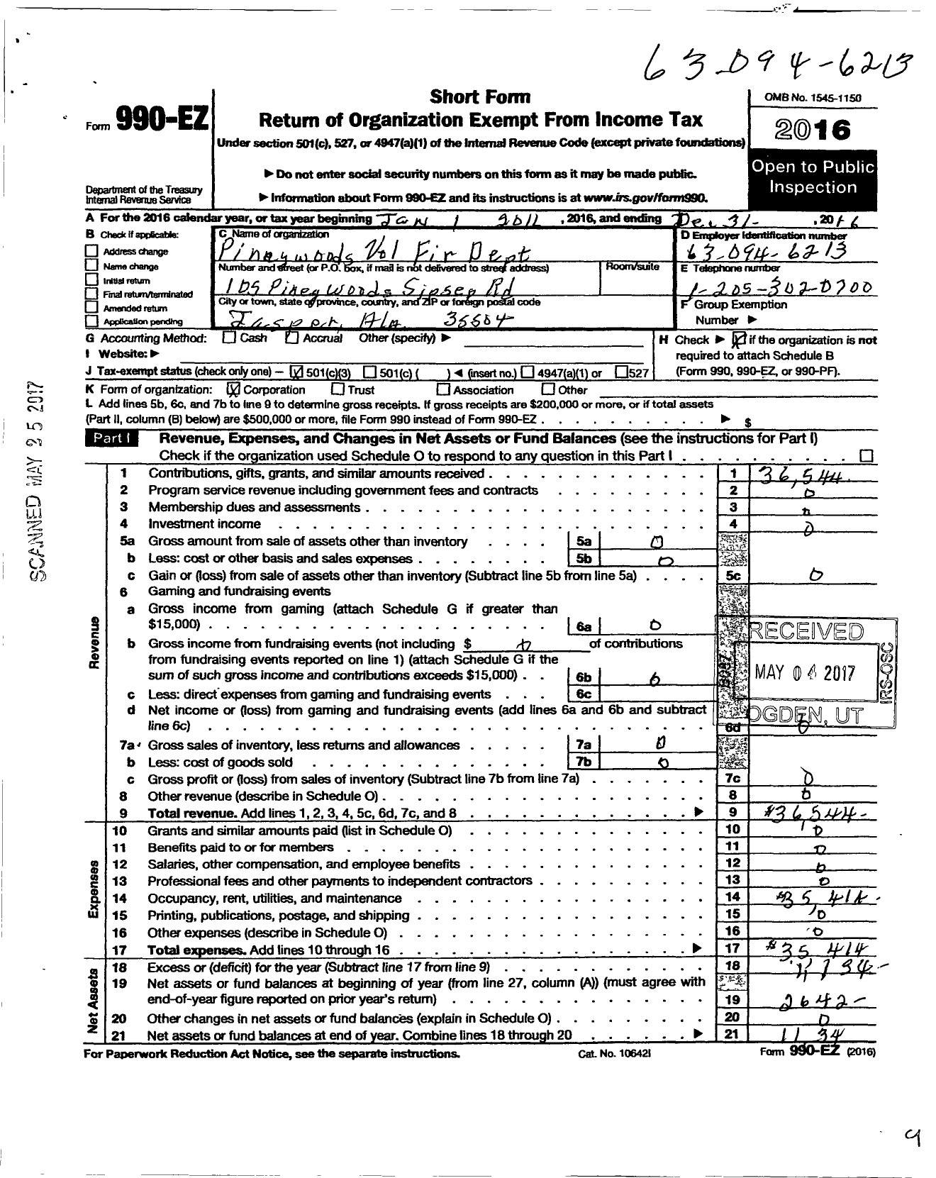 Image of first page of 2016 Form 990EZ for Pineywoods Fire Department