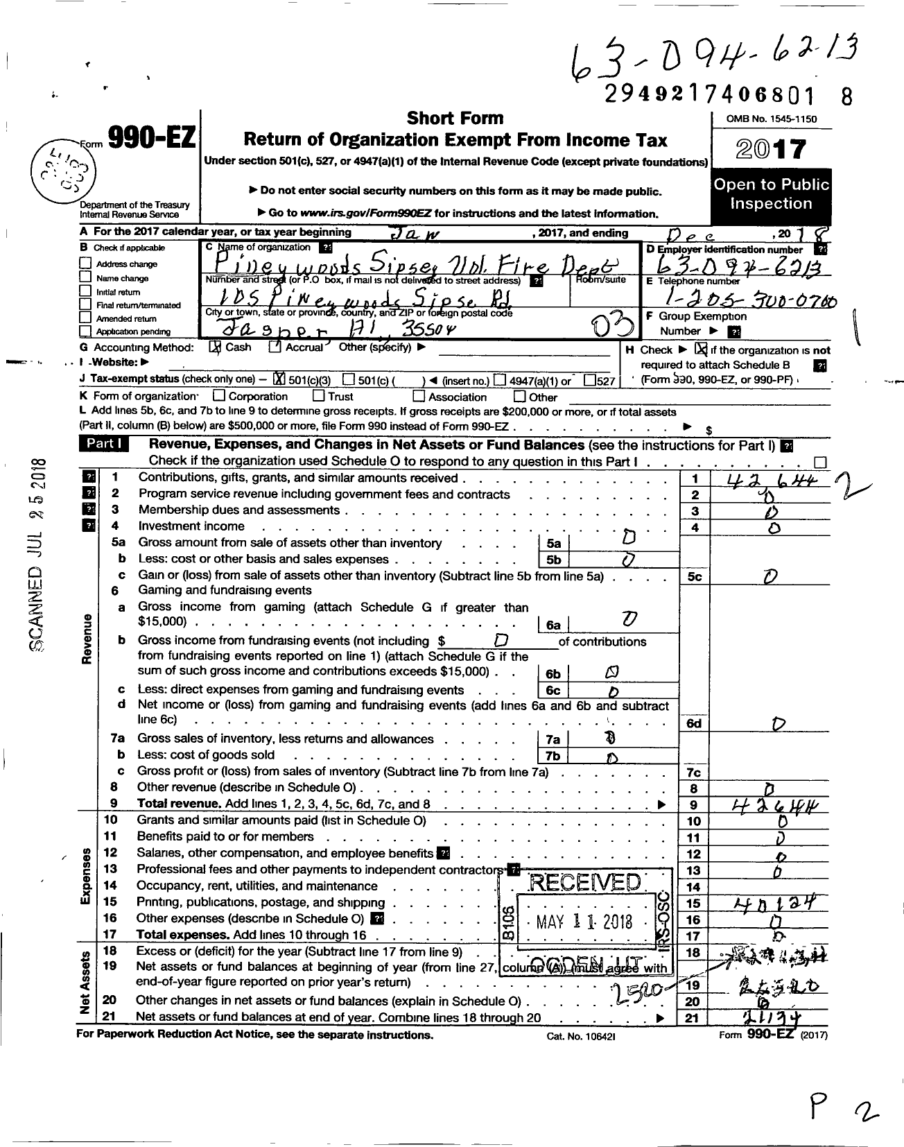 Image of first page of 2018 Form 990EZ for Pineywoods Fire Department