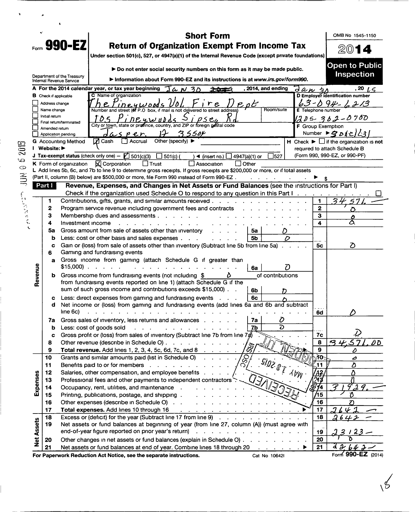 Image of first page of 2014 Form 990EZ for Pineywoods Fire Department