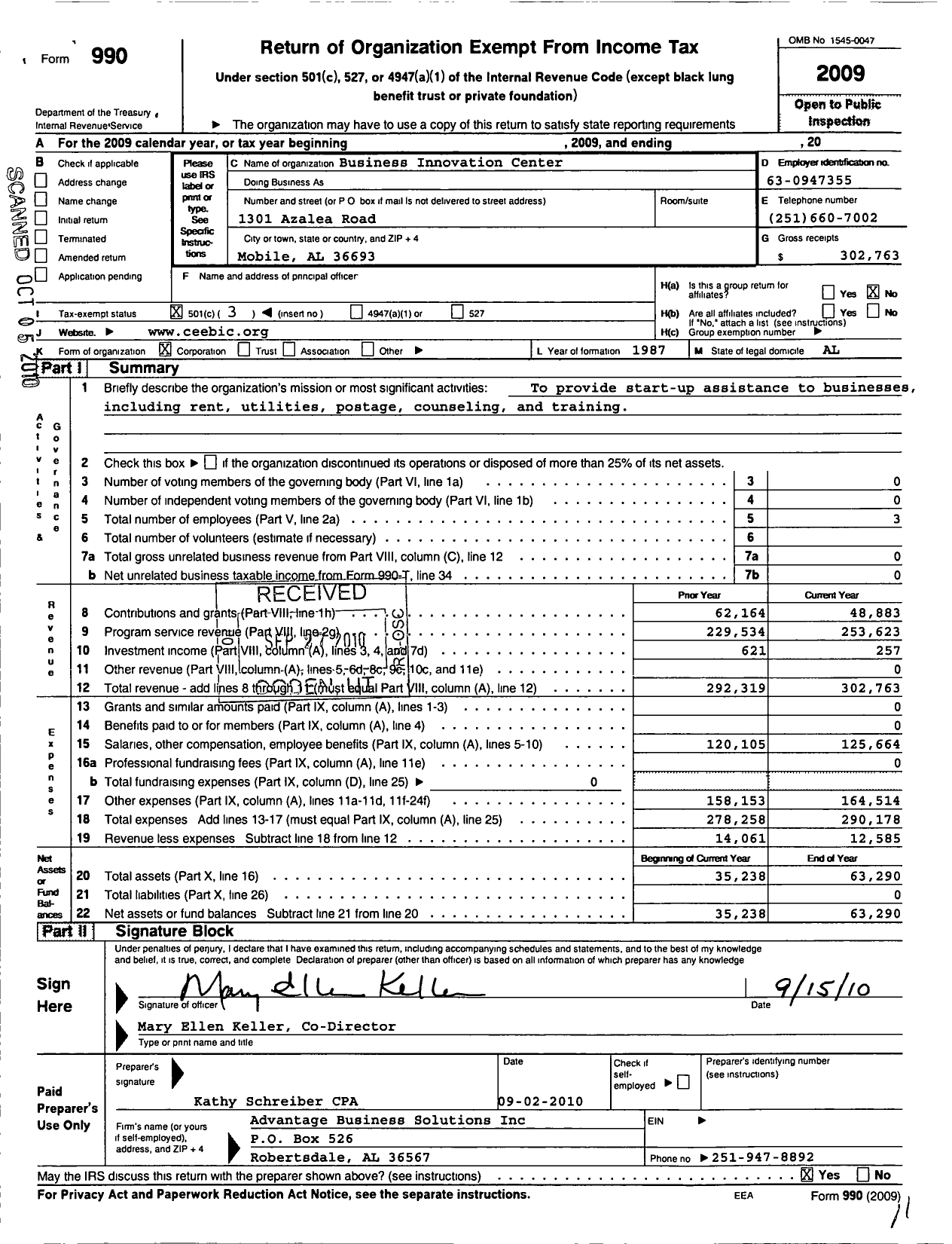 Image of first page of 2009 Form 990 for Business Innovation Center