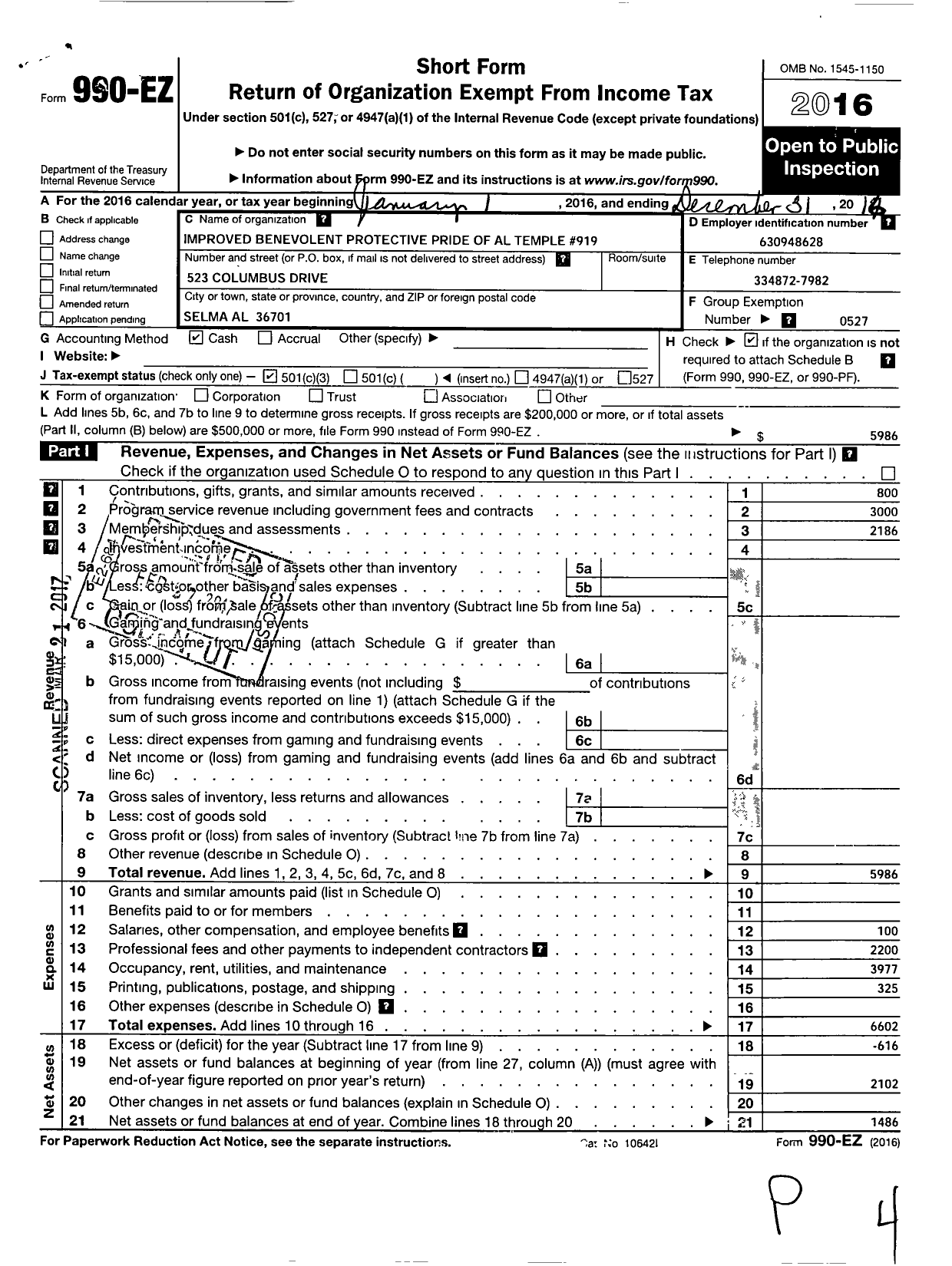 Image of first page of 2016 Form 990EZ for Improved Benevolent and Protective Order of Elks of the World - Pride of Al Temple 919