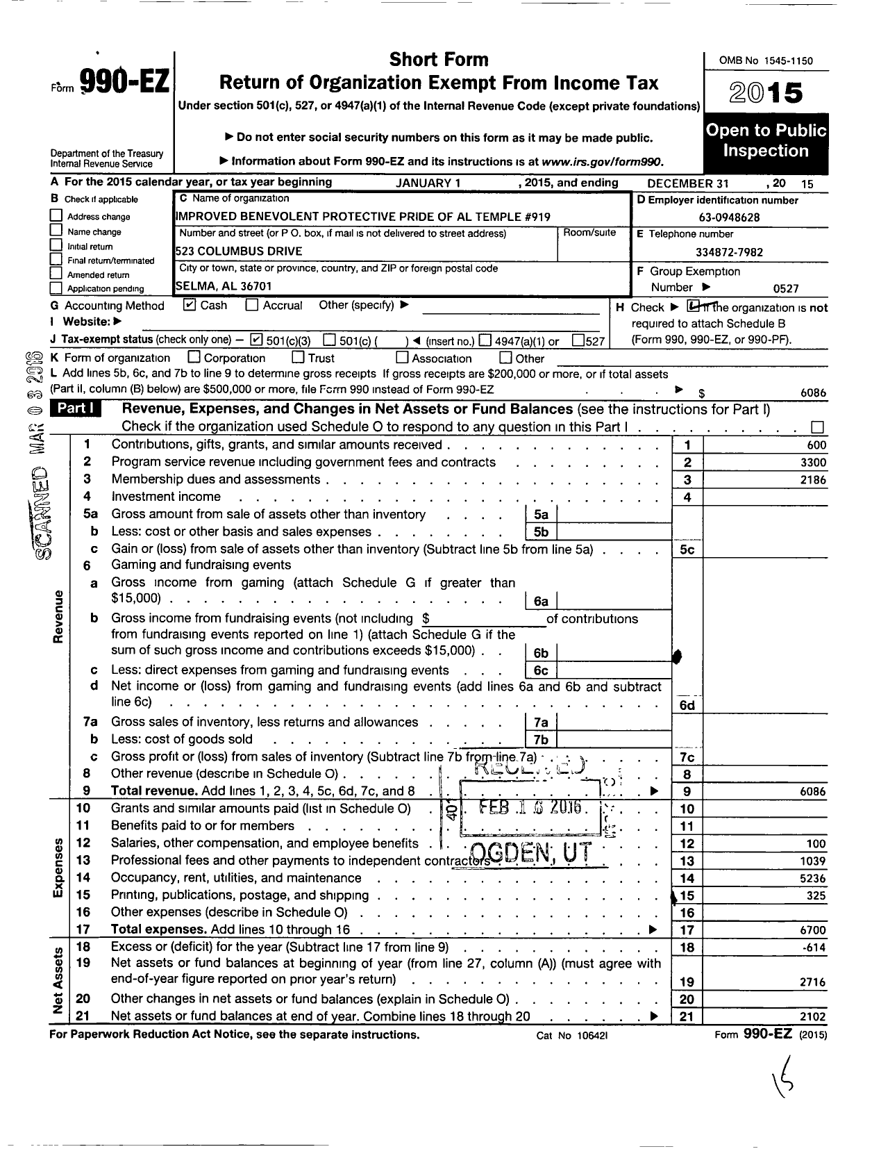 Image of first page of 2015 Form 990EZ for Improved Benevolent and Protective Order of Elks of the World - Pride of Al Temple 919