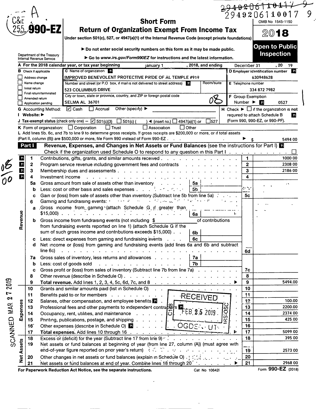 Image of first page of 2019 Form 990EO for Improved Benevolent and Protective Order of Elks of the World - Pride of Al Temple 919