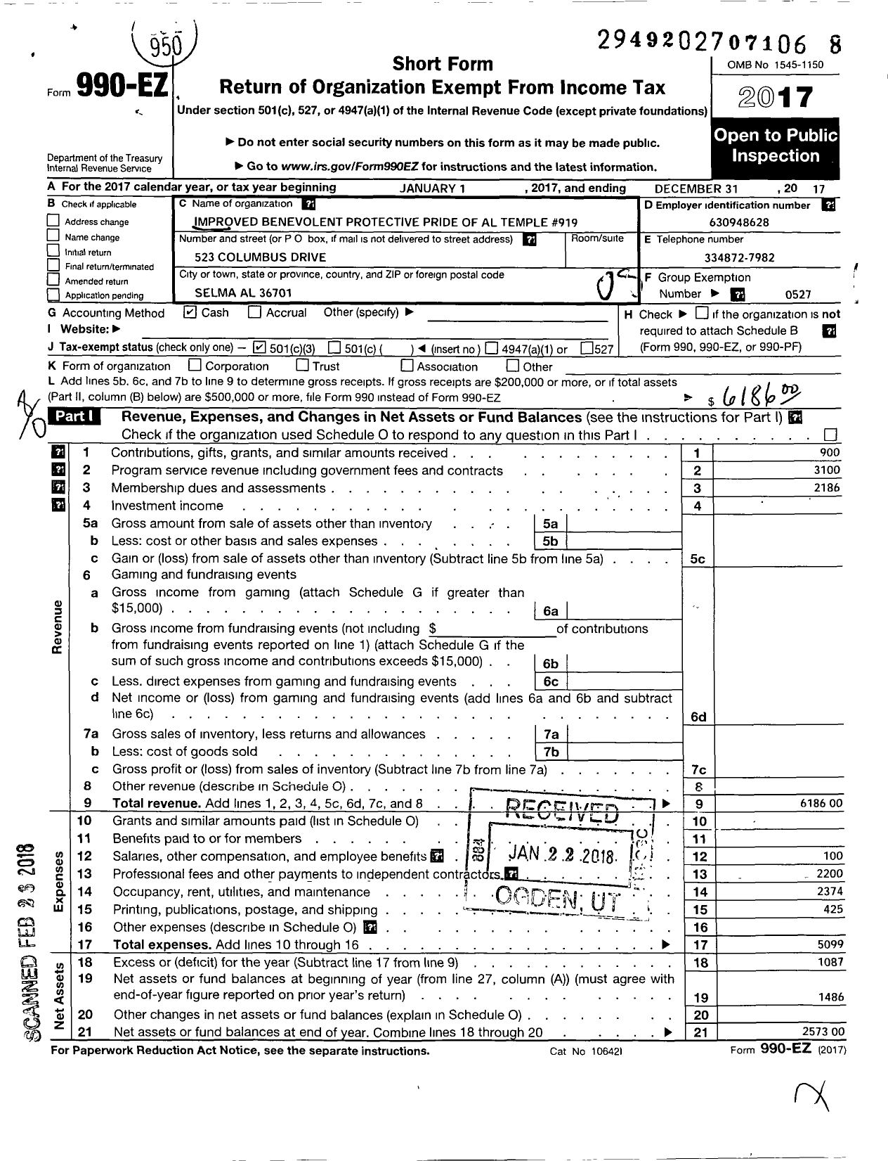 Image of first page of 2017 Form 990EO for Improved Benevolent and Protective Order of Elks of the World - Pride of Al Temple 919