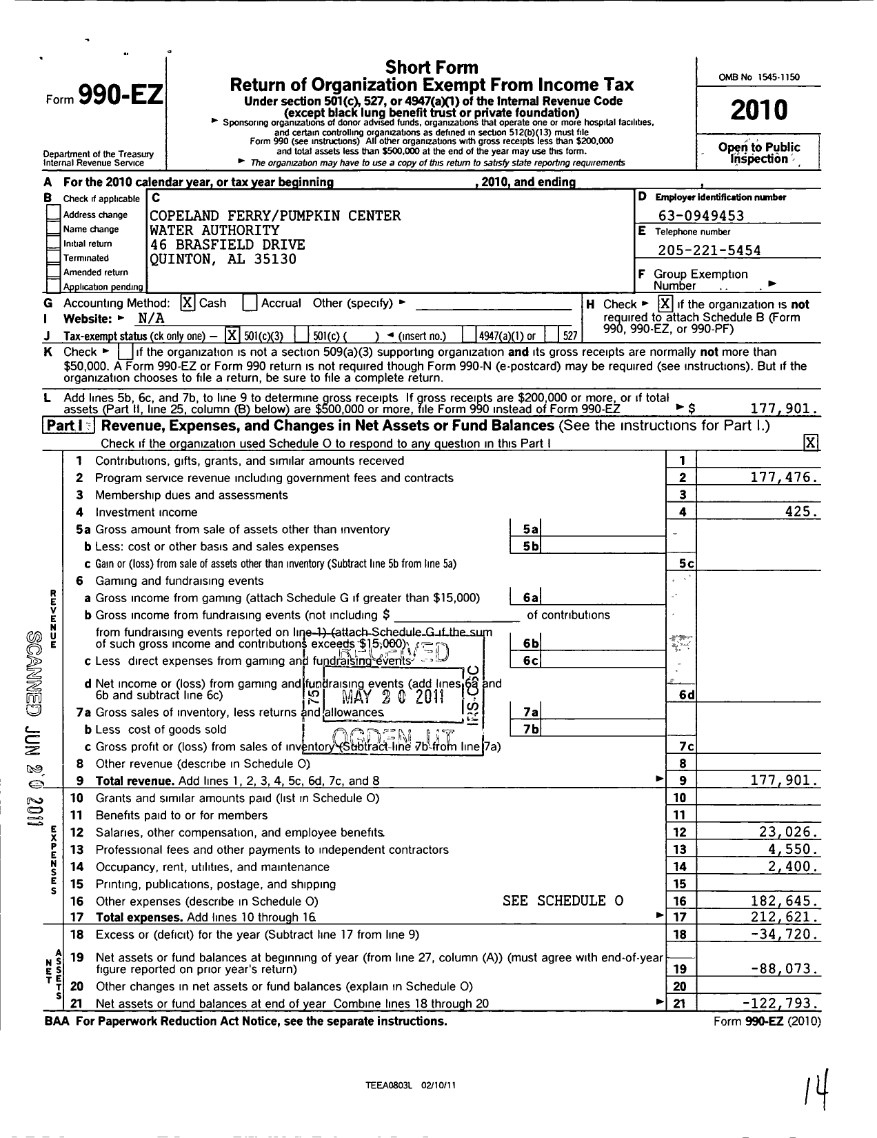 Image of first page of 2010 Form 990EZ for Copeland Ferry Pumpkin Center Water Authority