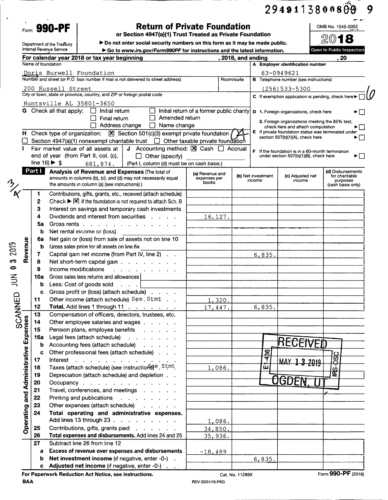 Image of first page of 2018 Form 990PF for Doris Burwell Foundation