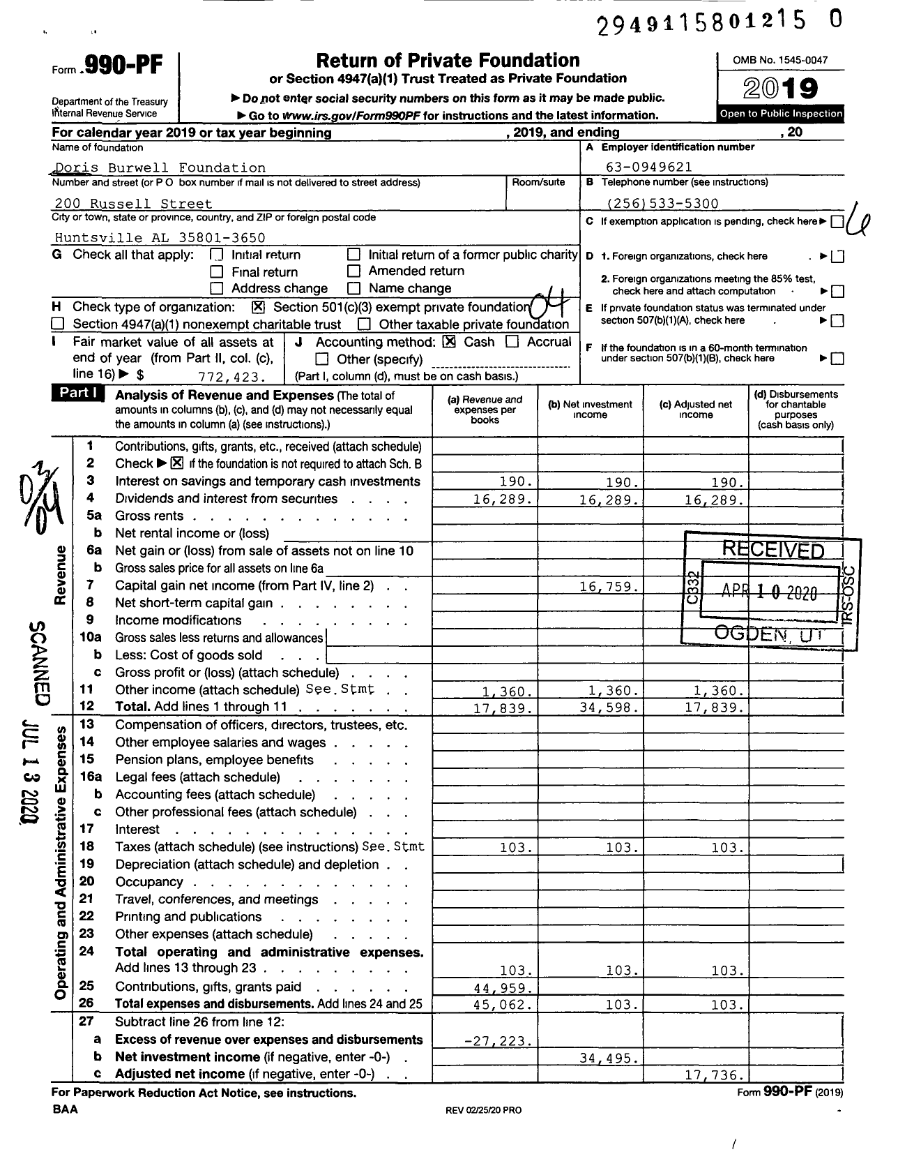 Image of first page of 2019 Form 990PR for Doris Burwell Foundation