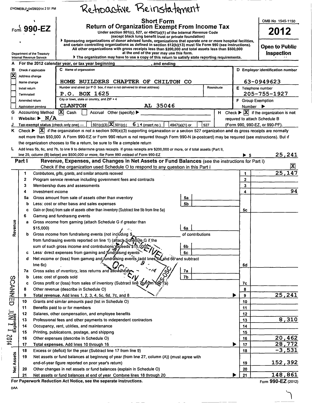 Image of first page of 2012 Form 990EO for Home Builders Chapter of Chilton County