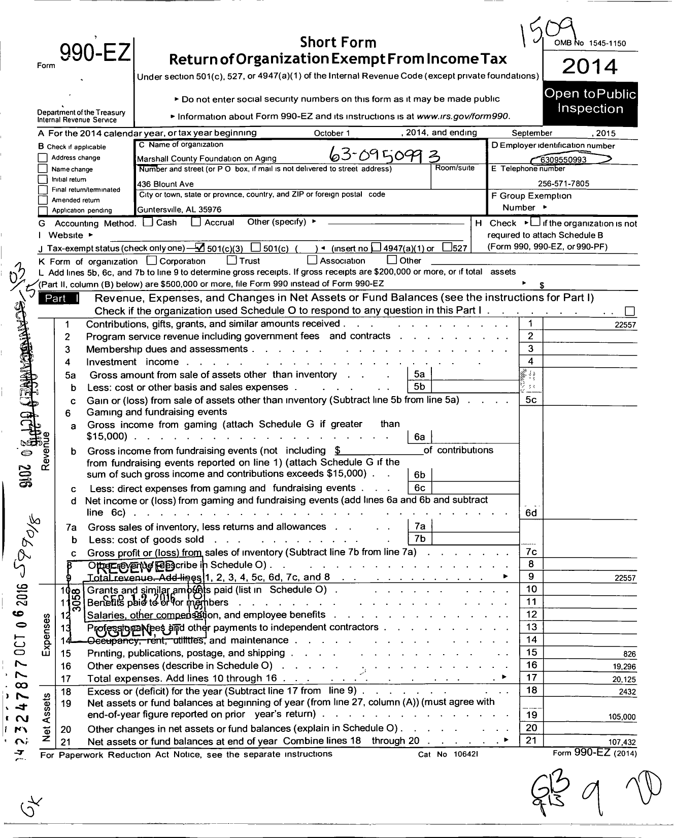 Image of first page of 2014 Form 990EZ for Marshall County Foundation for Aging