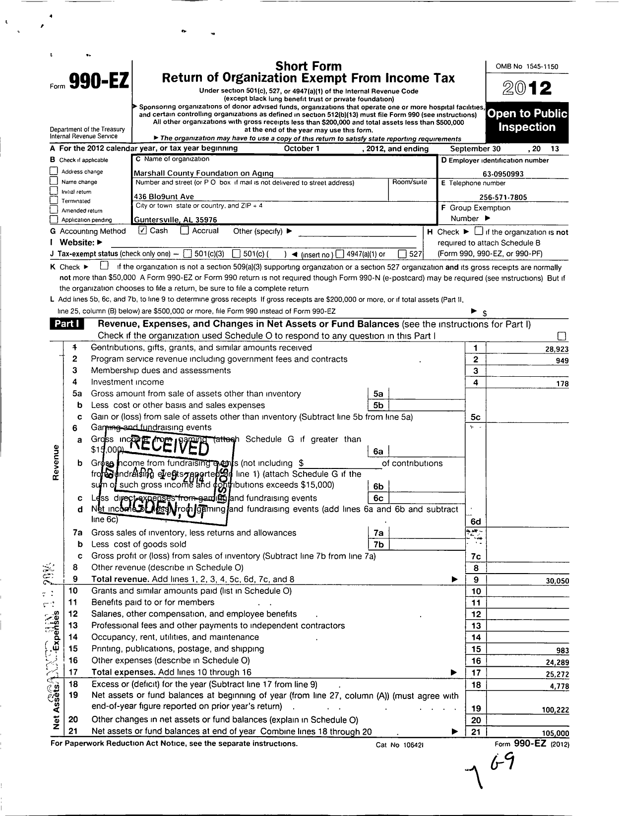 Image of first page of 2012 Form 990EO for Marshall County Foundation for Aging