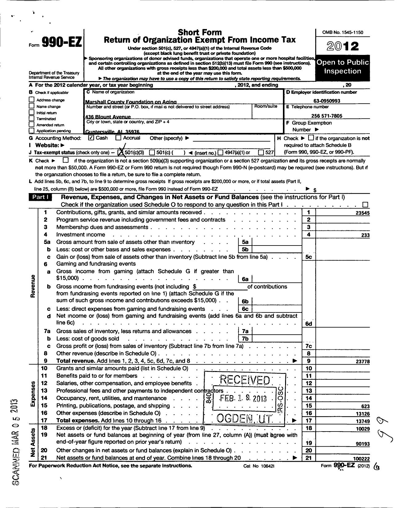 Image of first page of 2012 Form 990EZ for Marshall County Foundation for Aging