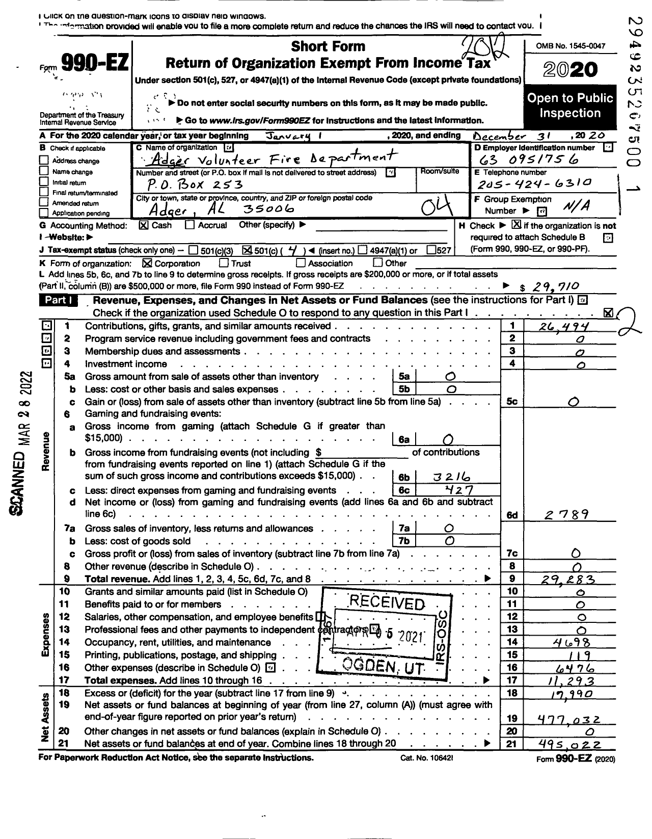 Image of first page of 2020 Form 990EO for Adger Volunteer Fire Department