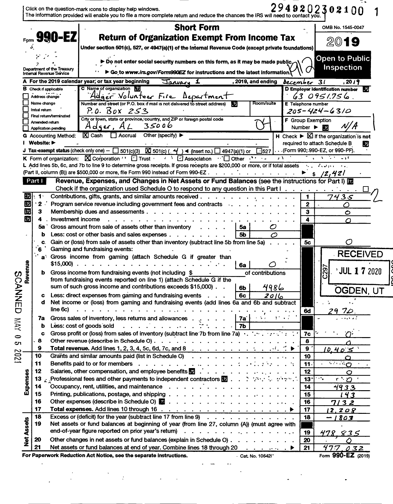 Image of first page of 2019 Form 990EO for Adger Volunteer Fire Department