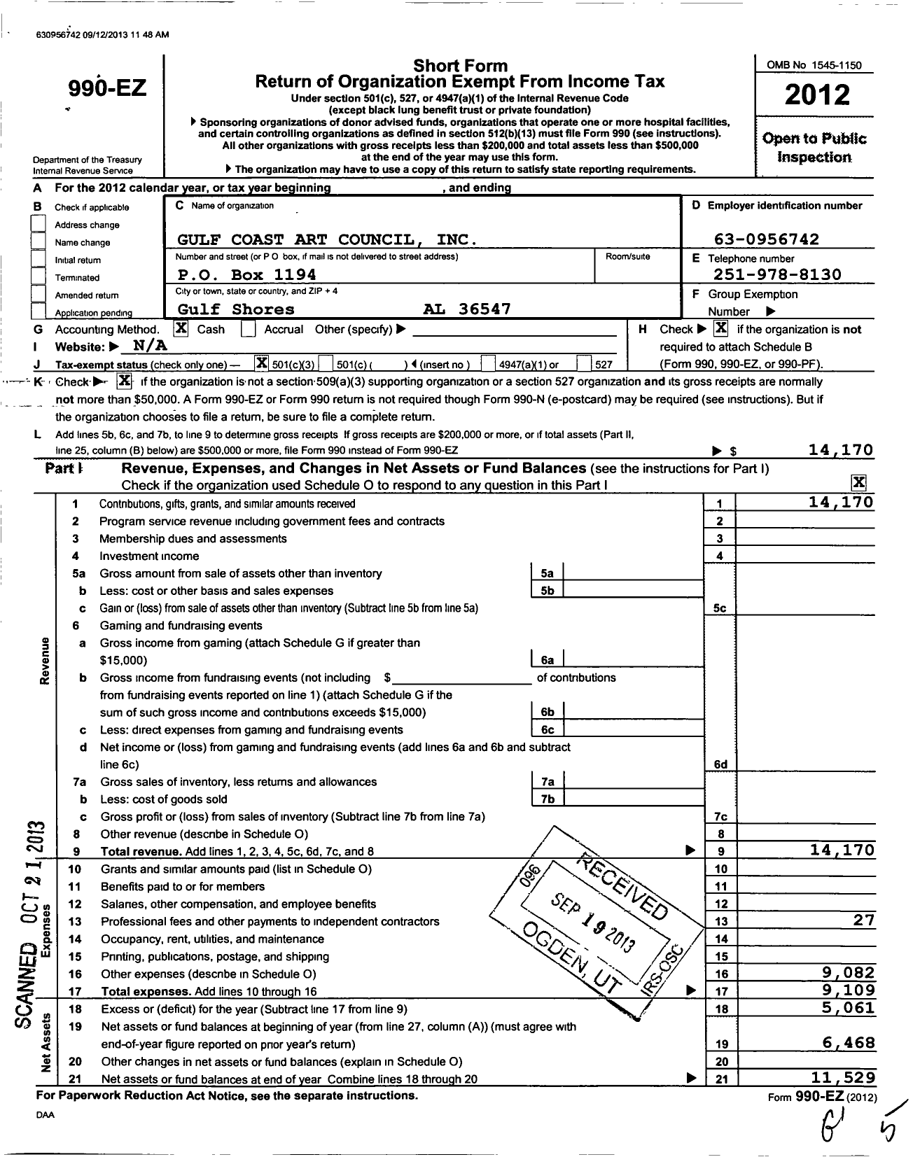 Image of first page of 2012 Form 990EZ for Gulf Coast Arts Council