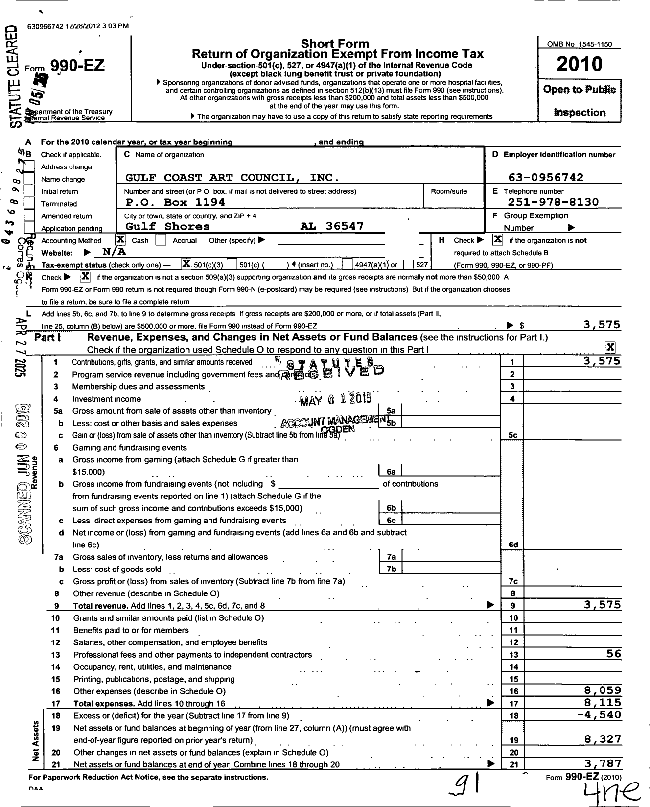 Image of first page of 2010 Form 990EZ for Gulf Coast Arts Council