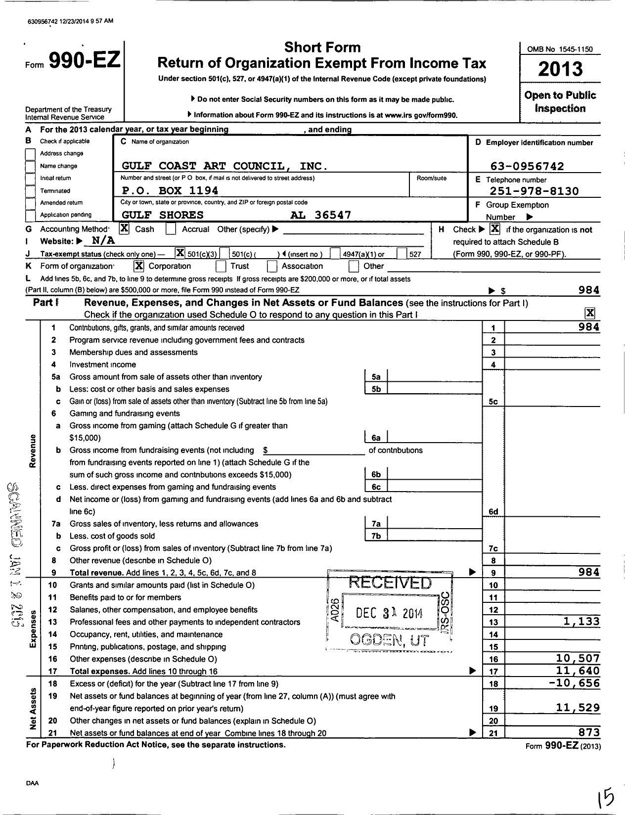 Image of first page of 2013 Form 990EZ for Gulf Coast Arts Council