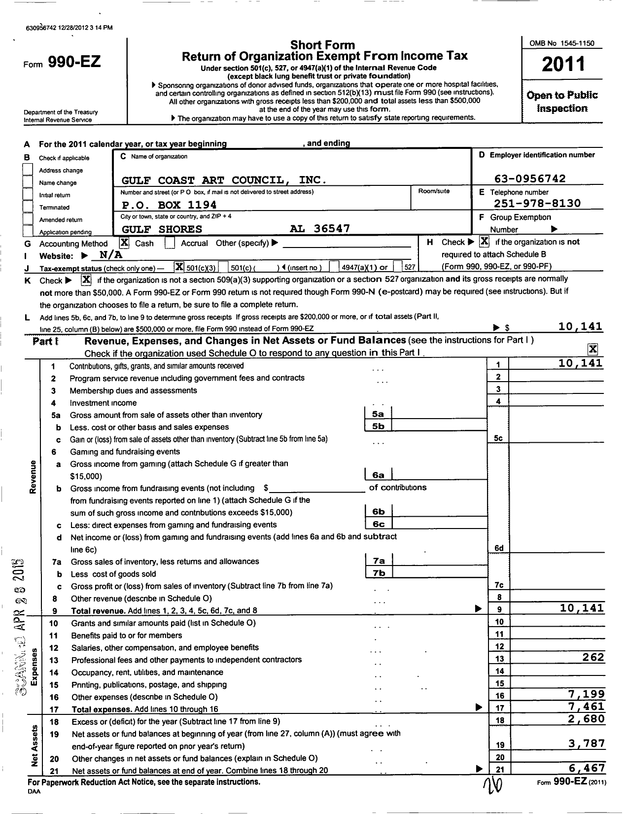 Image of first page of 2011 Form 990EZ for Gulf Coast Arts Council