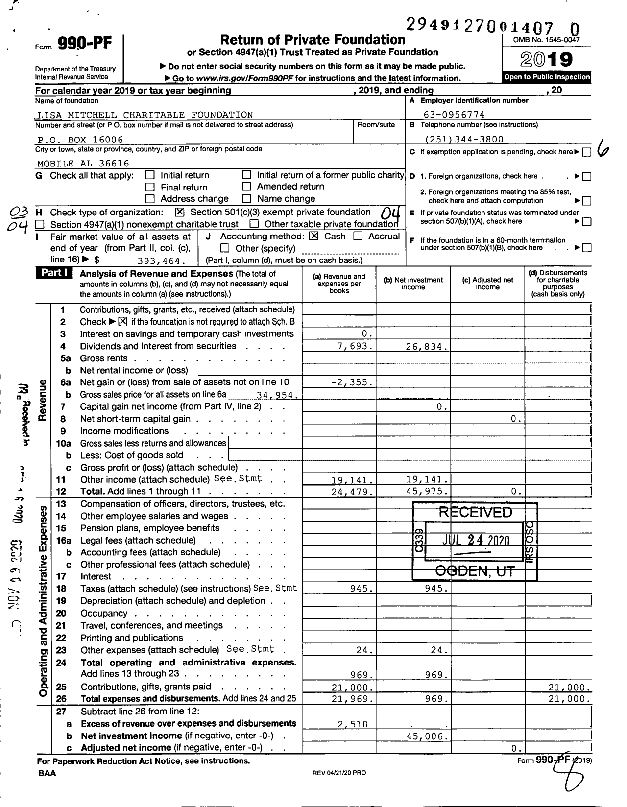 Image of first page of 2019 Form 990PF for Lisa Mitchell Charitable Foundation