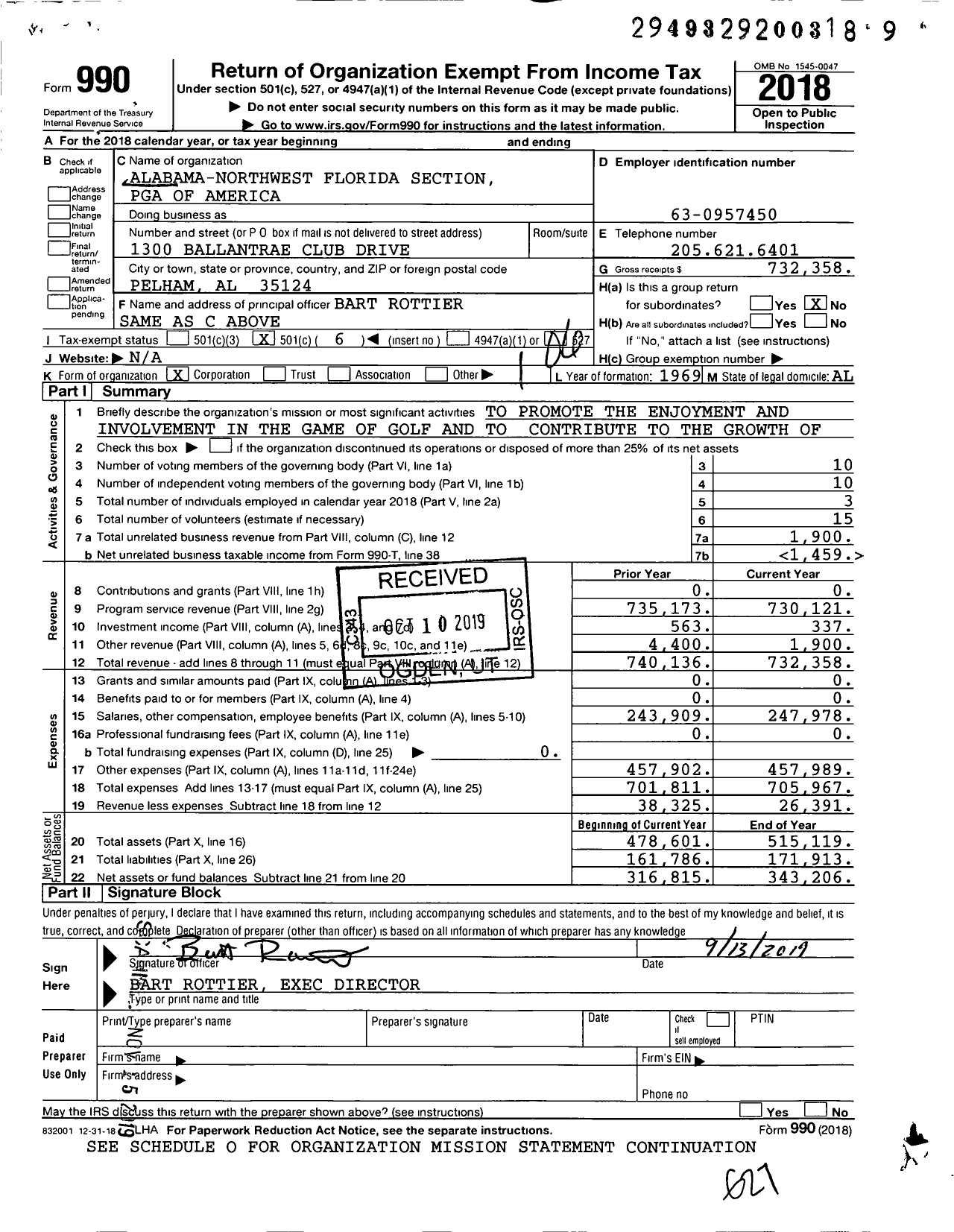 Image of first page of 2018 Form 990O for Alabama-Northwest Florida Section Pga of America