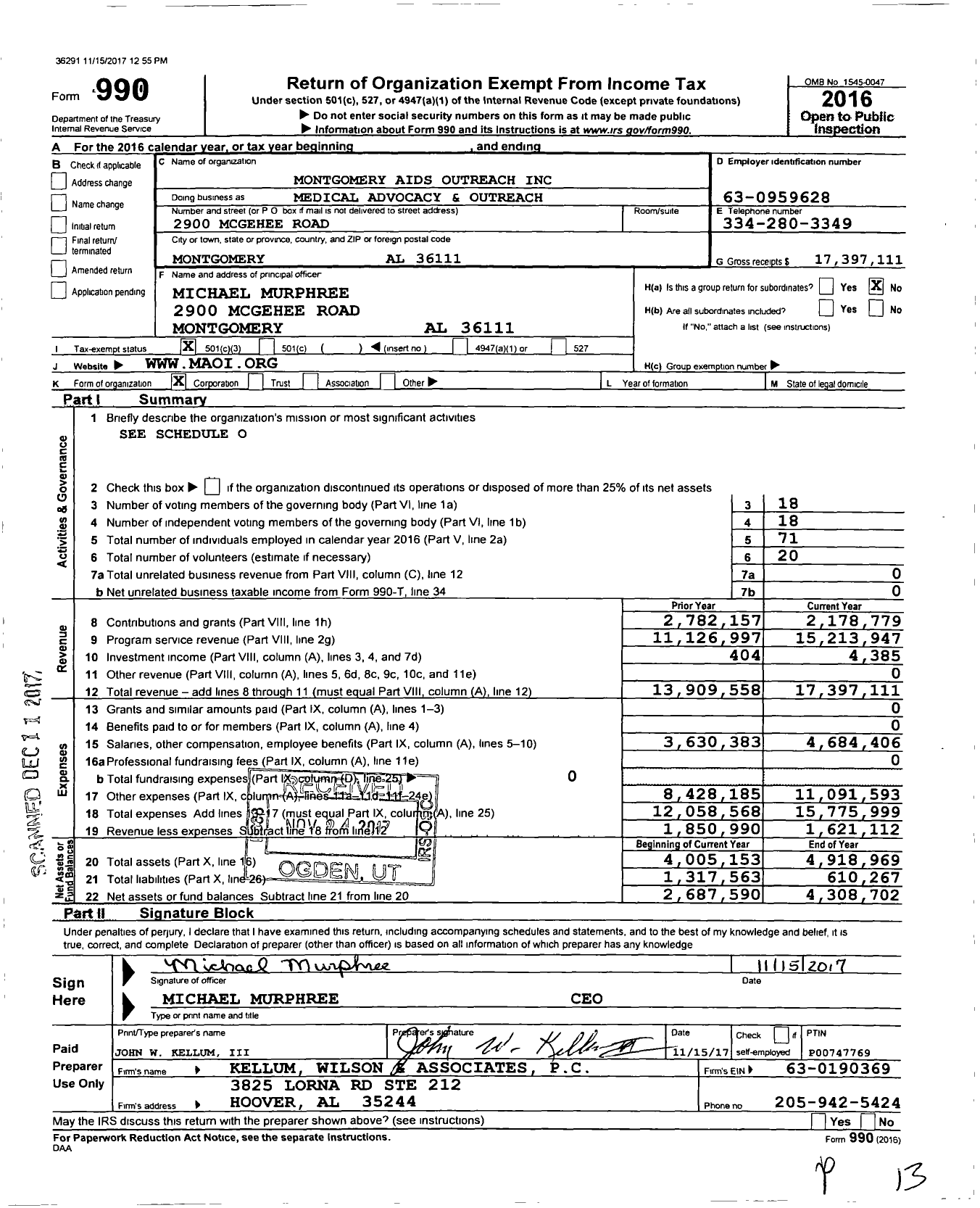 Image of first page of 2016 Form 990 for Medical Advocacy and Outreach