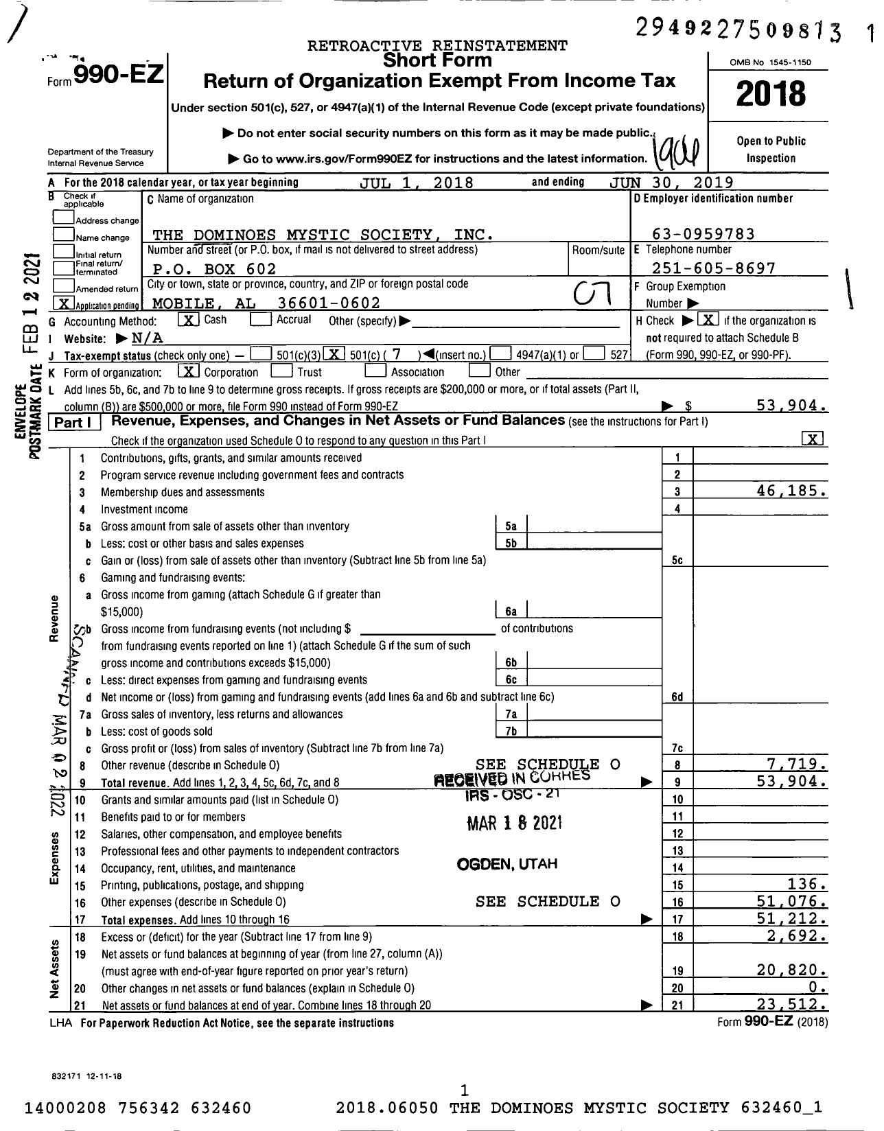 Image of first page of 2018 Form 990EO for The Dominoes Mystic Society